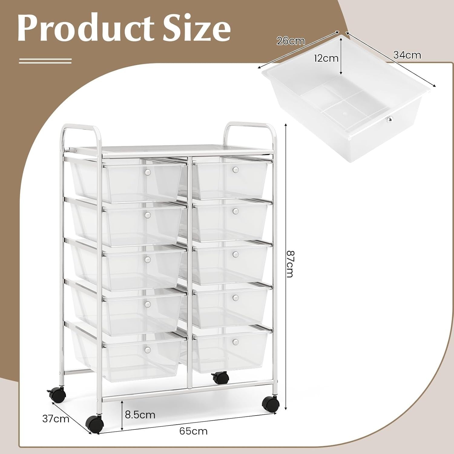 10 Drawer Rolling Storage Cart Clear Organizer Trolley with Wheels