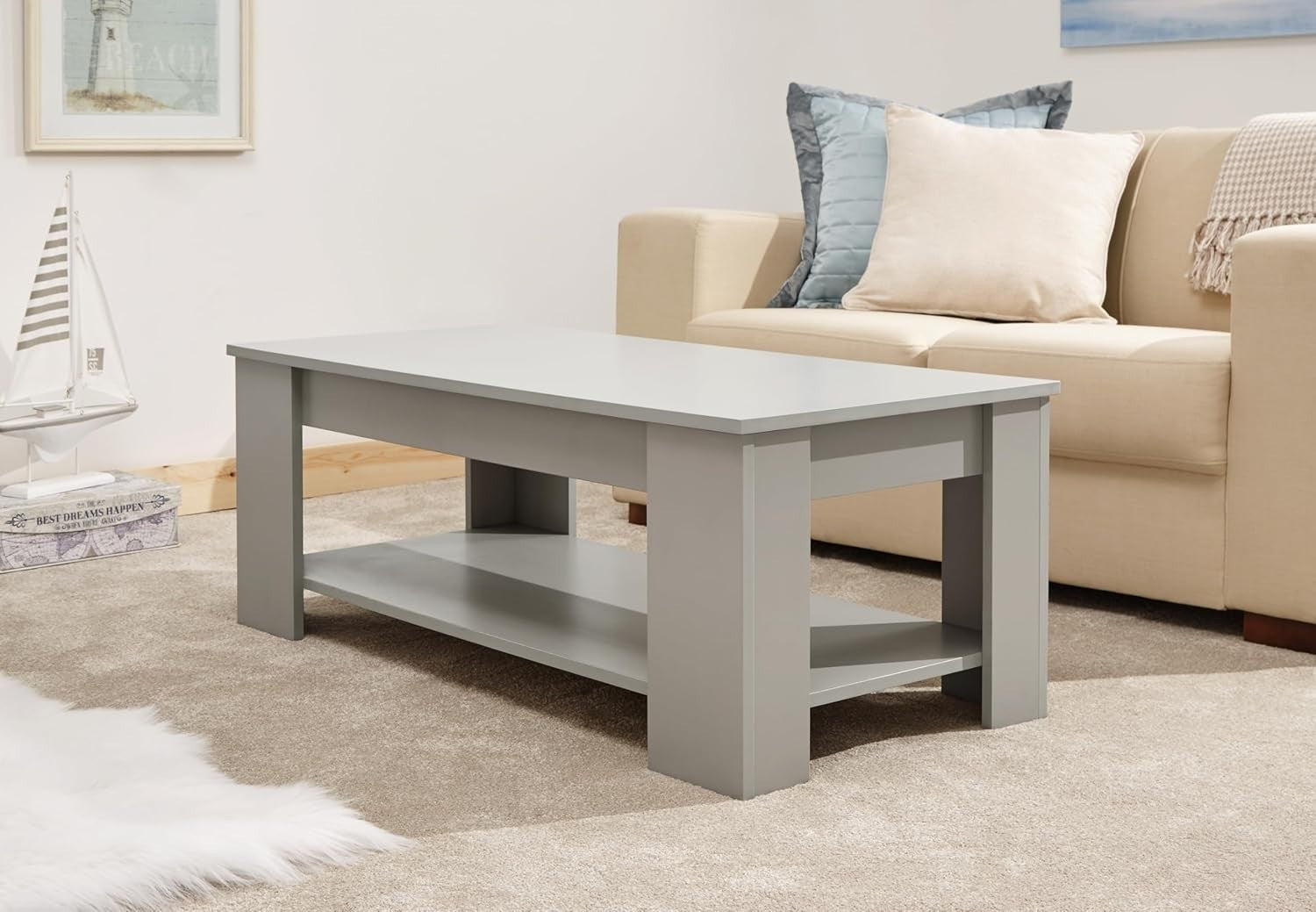 Modern Lift Top Coffee Table with Hidden Storage & Shelf Grey 105x50cm