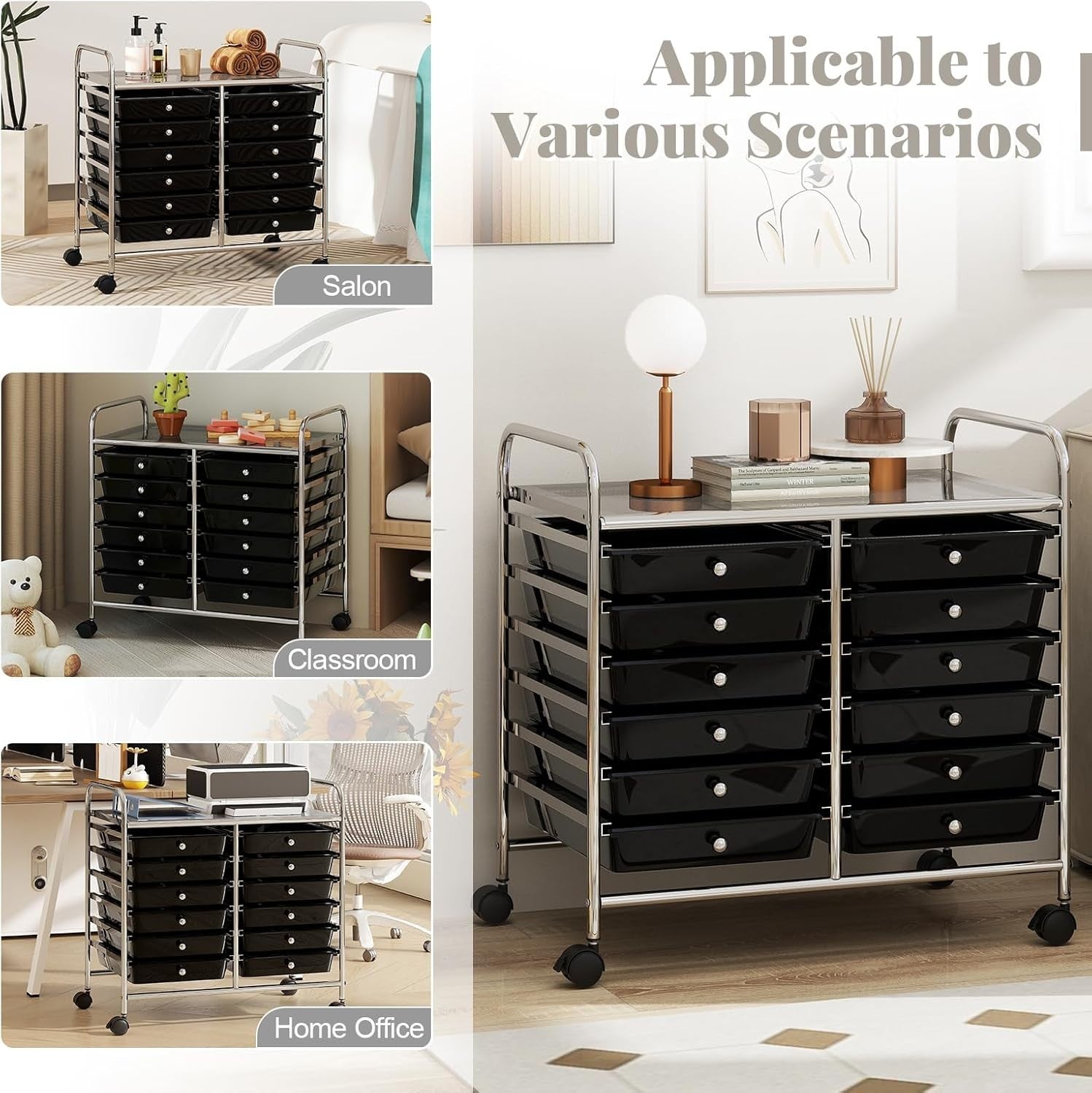 12 Drawer Rolling Storage Cart Utility Trolley Organizer Black Wheels
