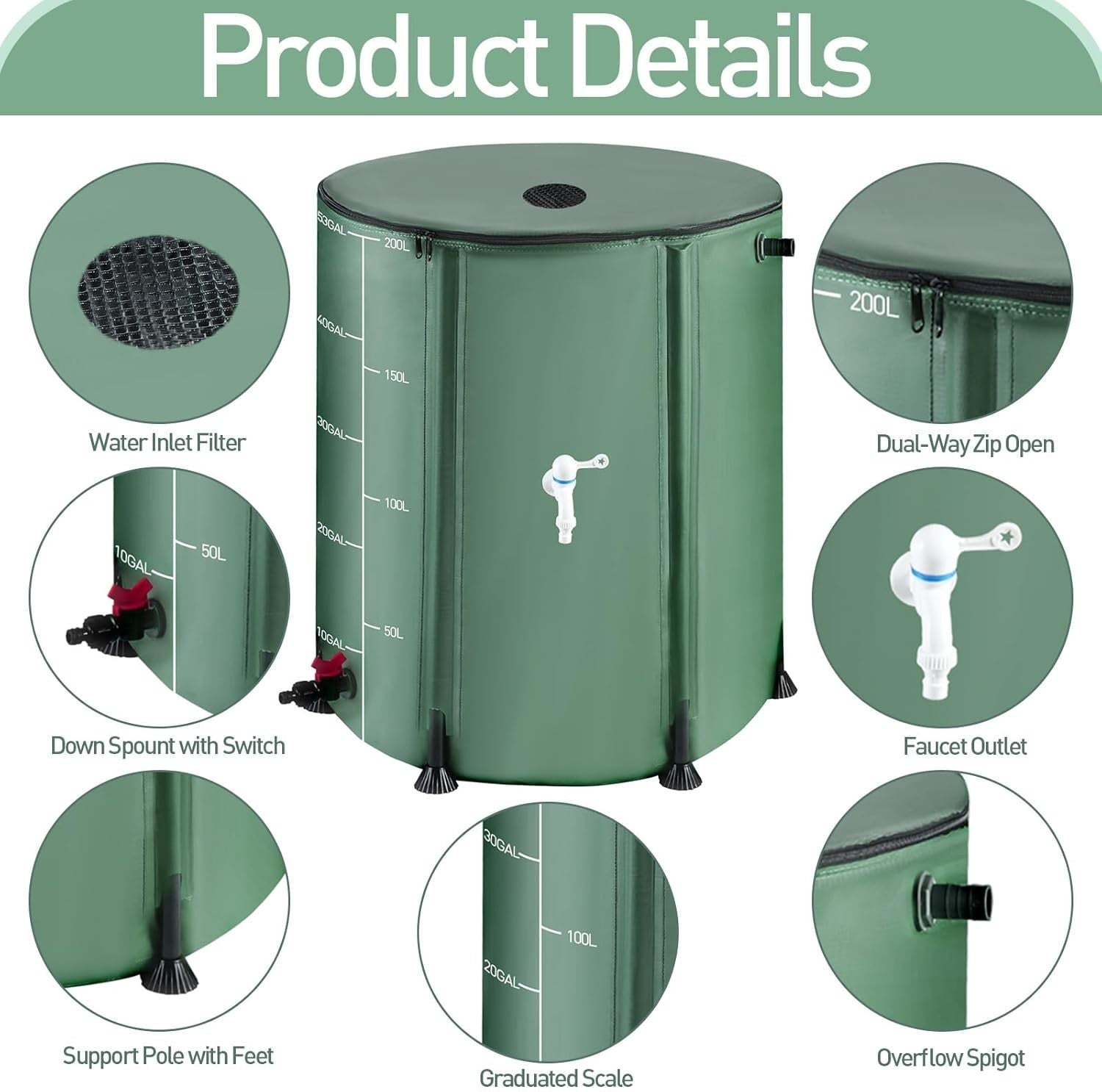 200L Collapsible Green Rain Barrel with Filter, Spigots & Overflow Kit