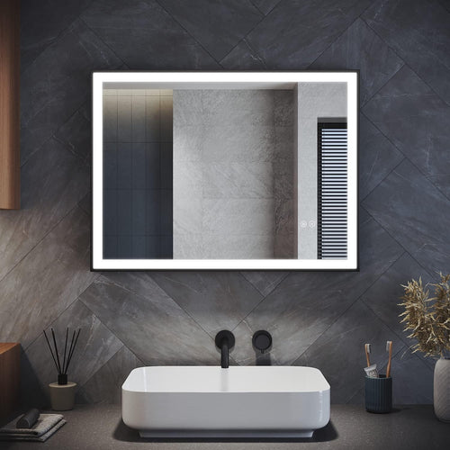 LED Bathroom Mirror 80x60cm Anti-Fog Wall Mounted Black Frame Light Touch