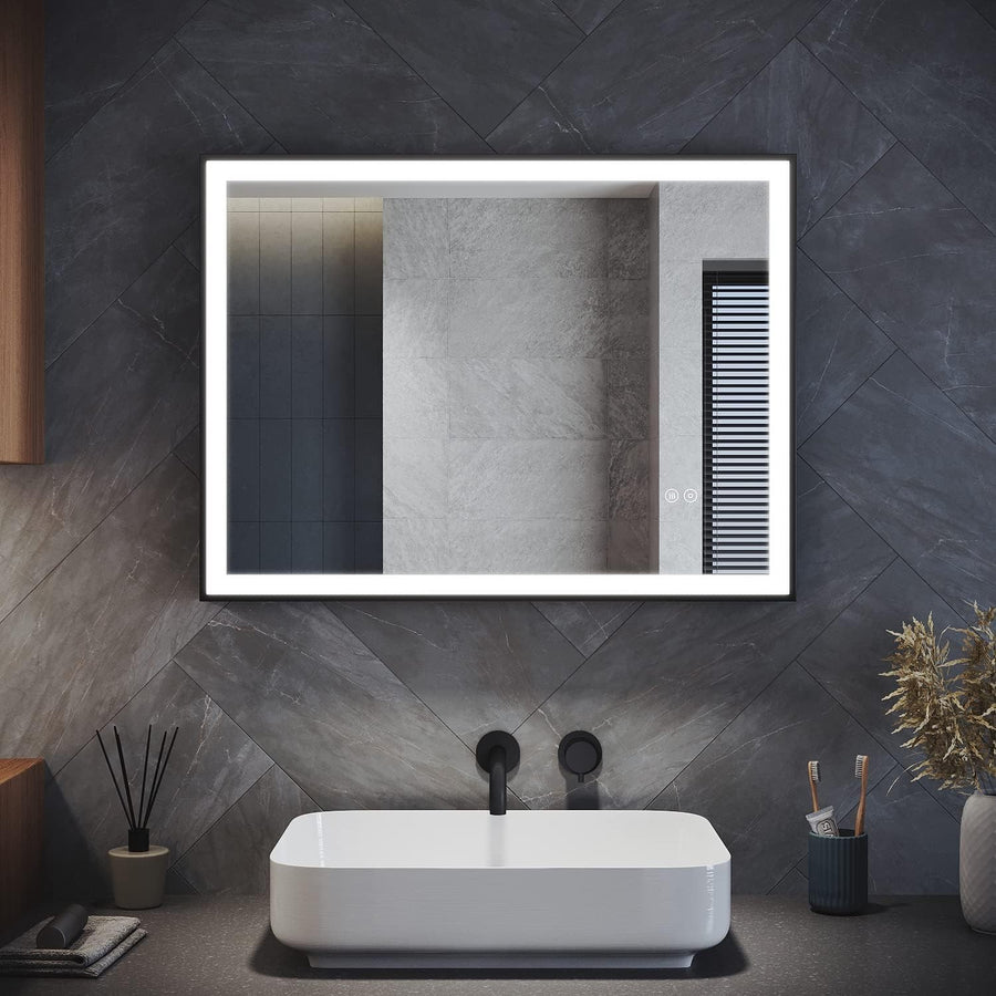 LED Bathroom Mirror 80x60cm Anti-Fog Wall Mounted Black Frame Light Touch