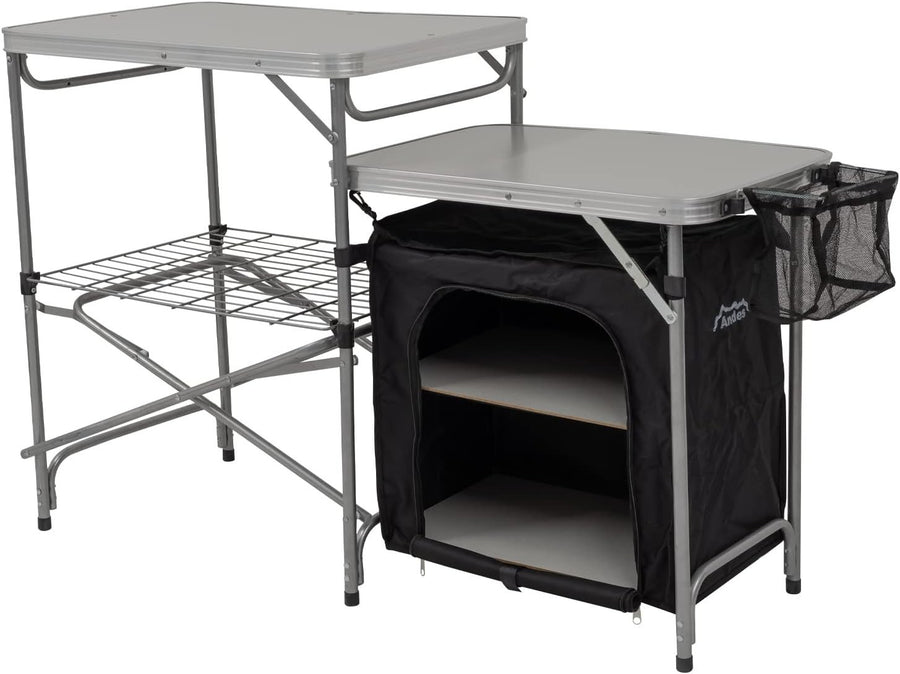 Camping Kitchen Worktop Table Foldable Aluminium Outdoor Stand with Cupboard