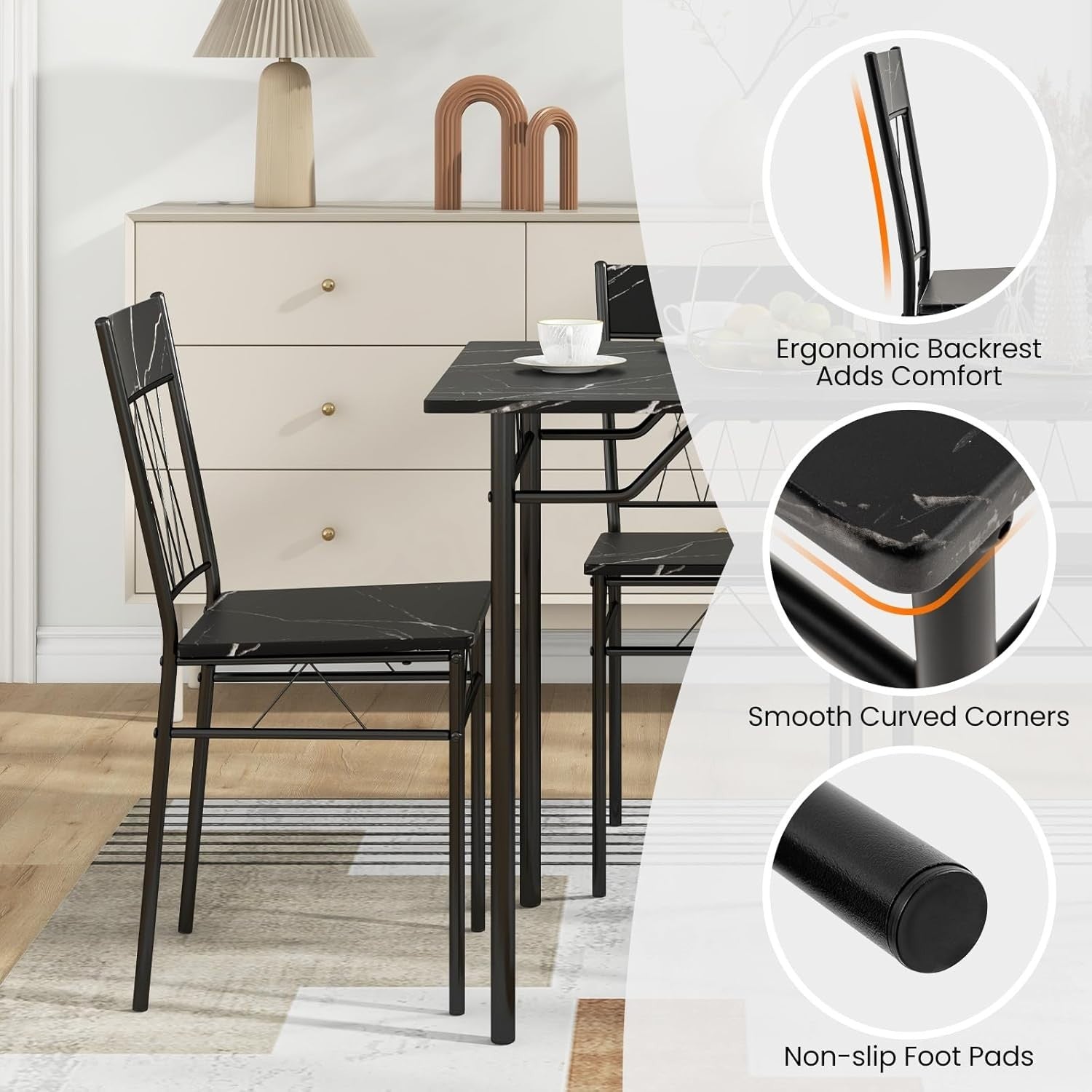 Black Marble Dining Table Set with 4 Chairs | Compact Kitchen & Living