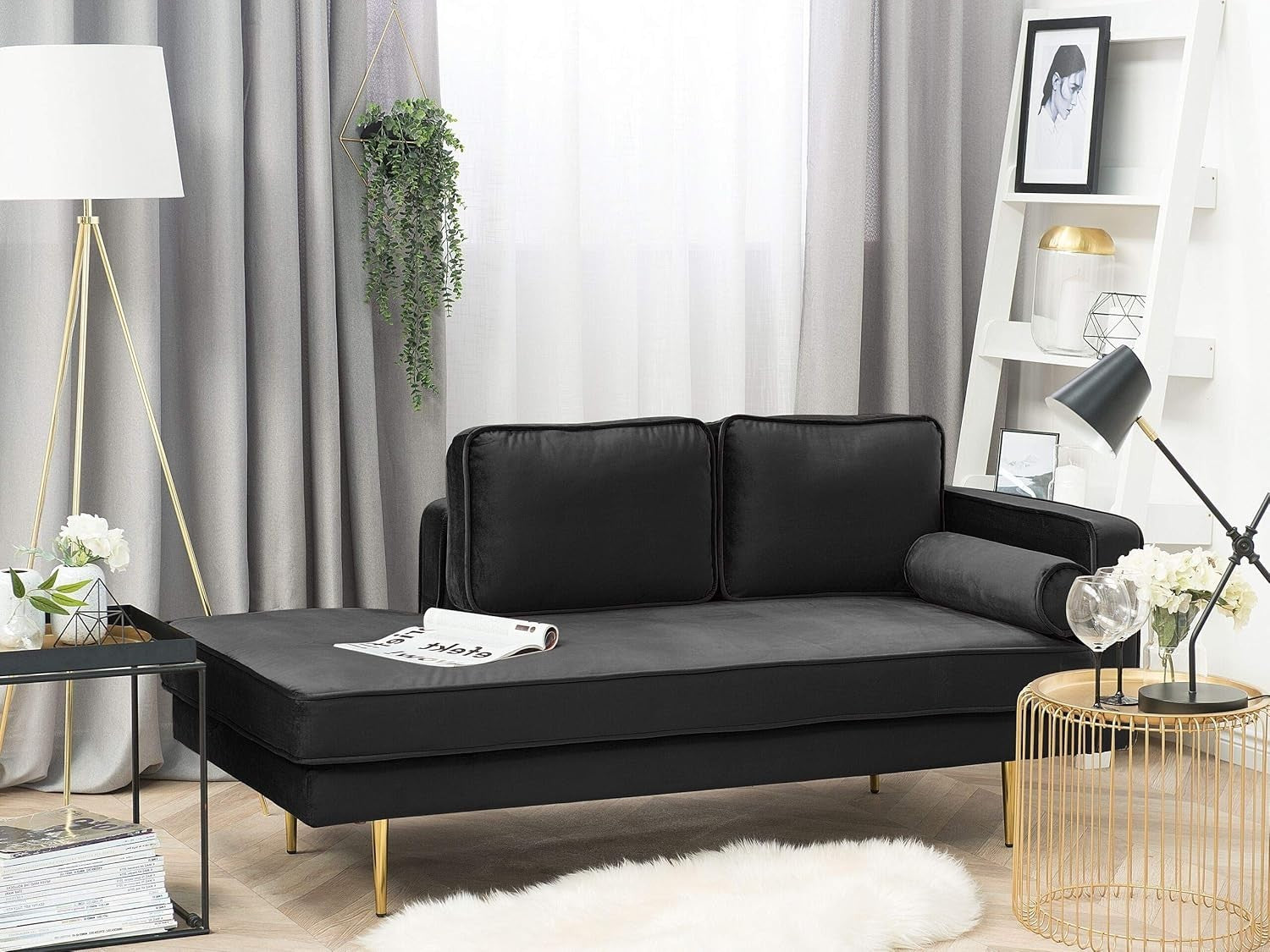 Black Velvet Glam Chaise Lounge Gold Legs Compact Stylish Reading Seat