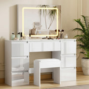 Modern White Gloss Dressing Table Vanity Desk LED Mirror Set 7 Drawers Stool