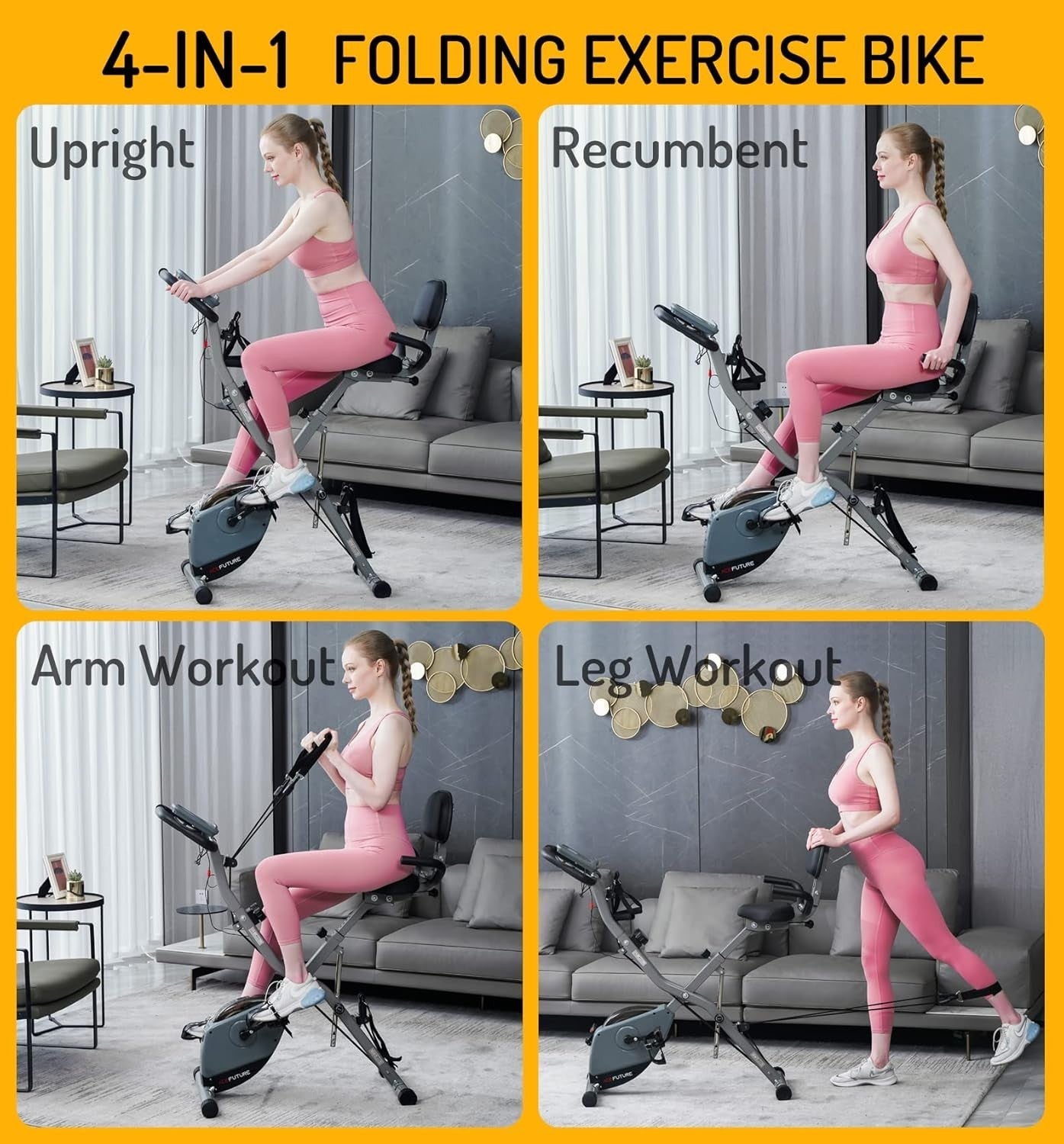 4-in-1 Folding Exercise Bike w/ 16-Level Magnetic Resistance & Arm/Leg Bands