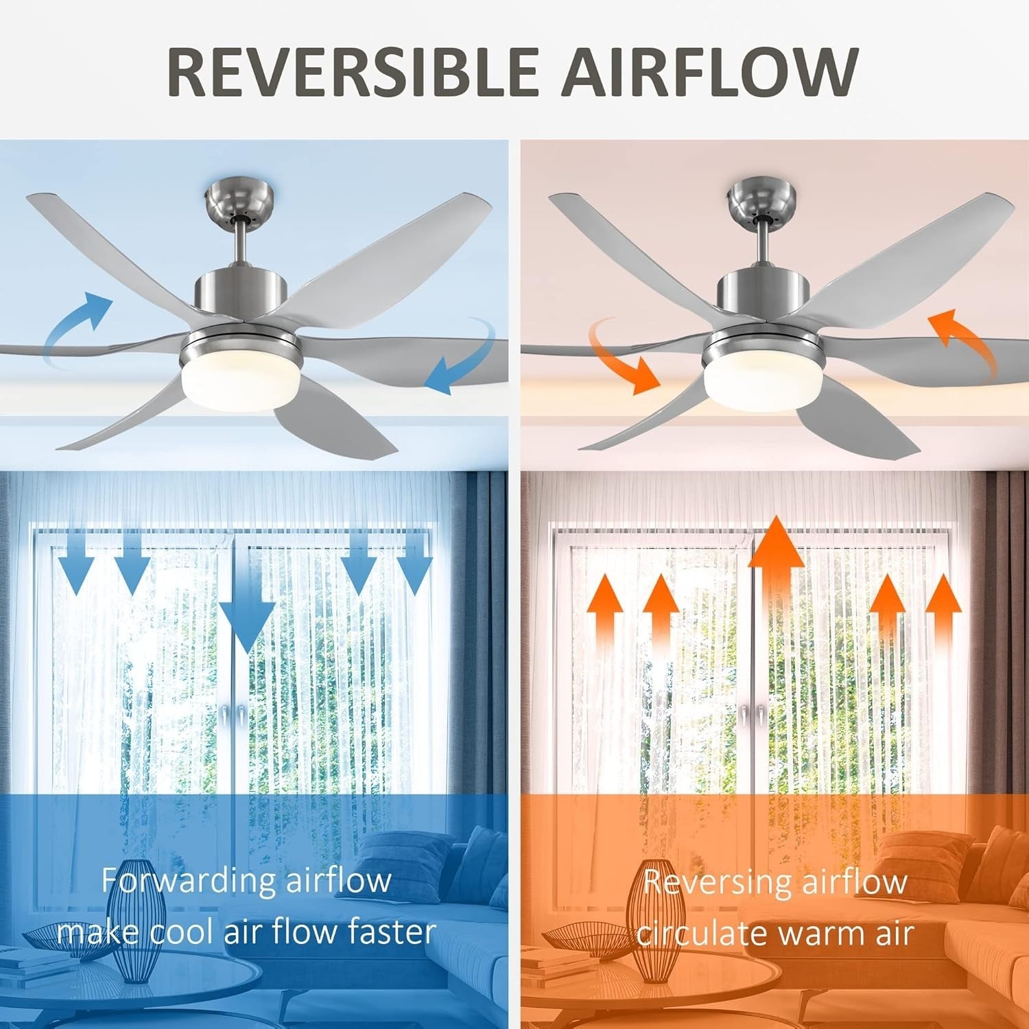 Reversible Ceiling Fan with LED Light, 6 Blades, Remote, Timer
