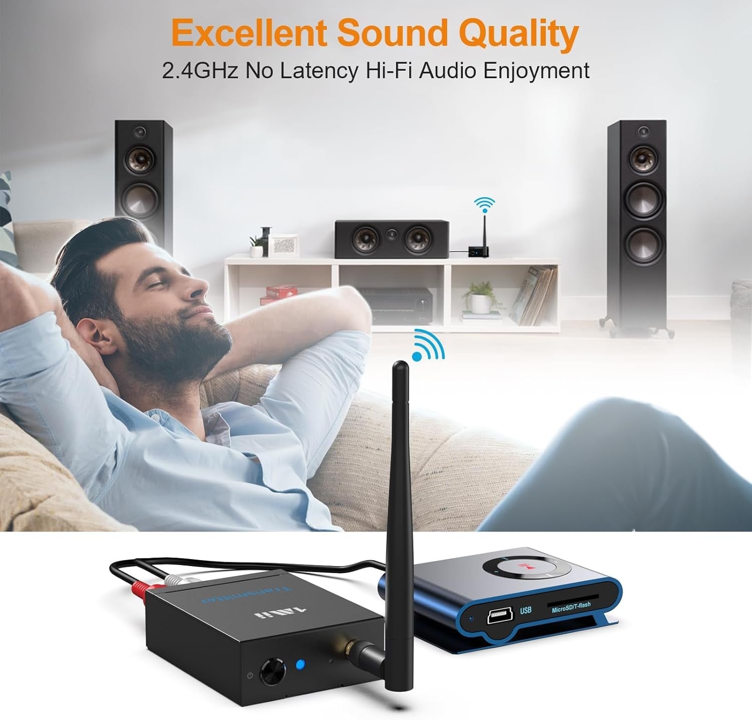 2.4GHz Wireless Audio Transmitter Receiver 100m RCA Low Latency