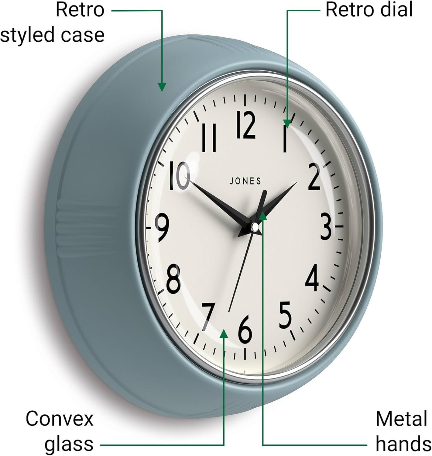 25cm Retro Pale Blue Wall Clock | Easy Read Silent Quartz Round Clock
