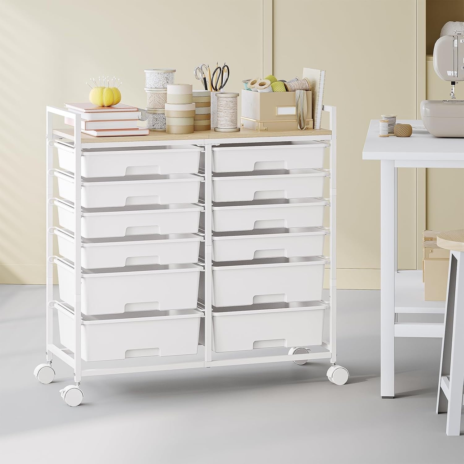 12 Drawer Rolling Storage Cart Craft Organizer Trolley White Wheels