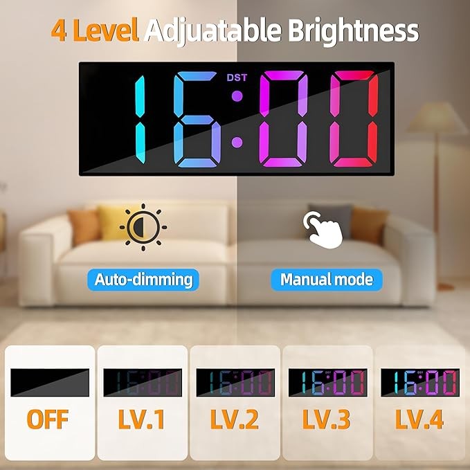 Large RGB Digital Wall Clock 12" LED Display Auto-Dim Night Light Bedroom Office