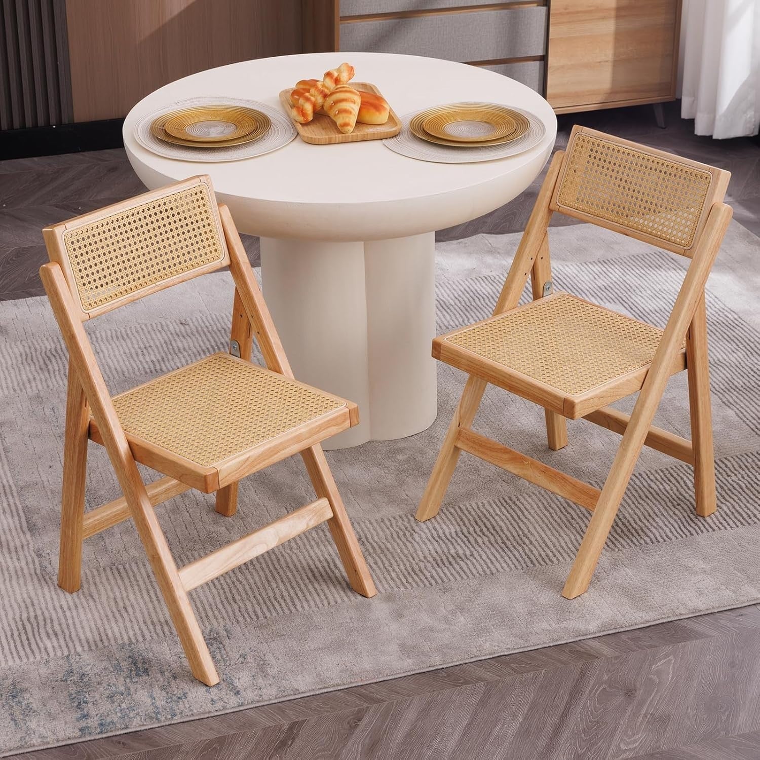 Beige Foldable Rattan Dining Chairs Set of 2 Space Saving Wooden Kitchen Seats