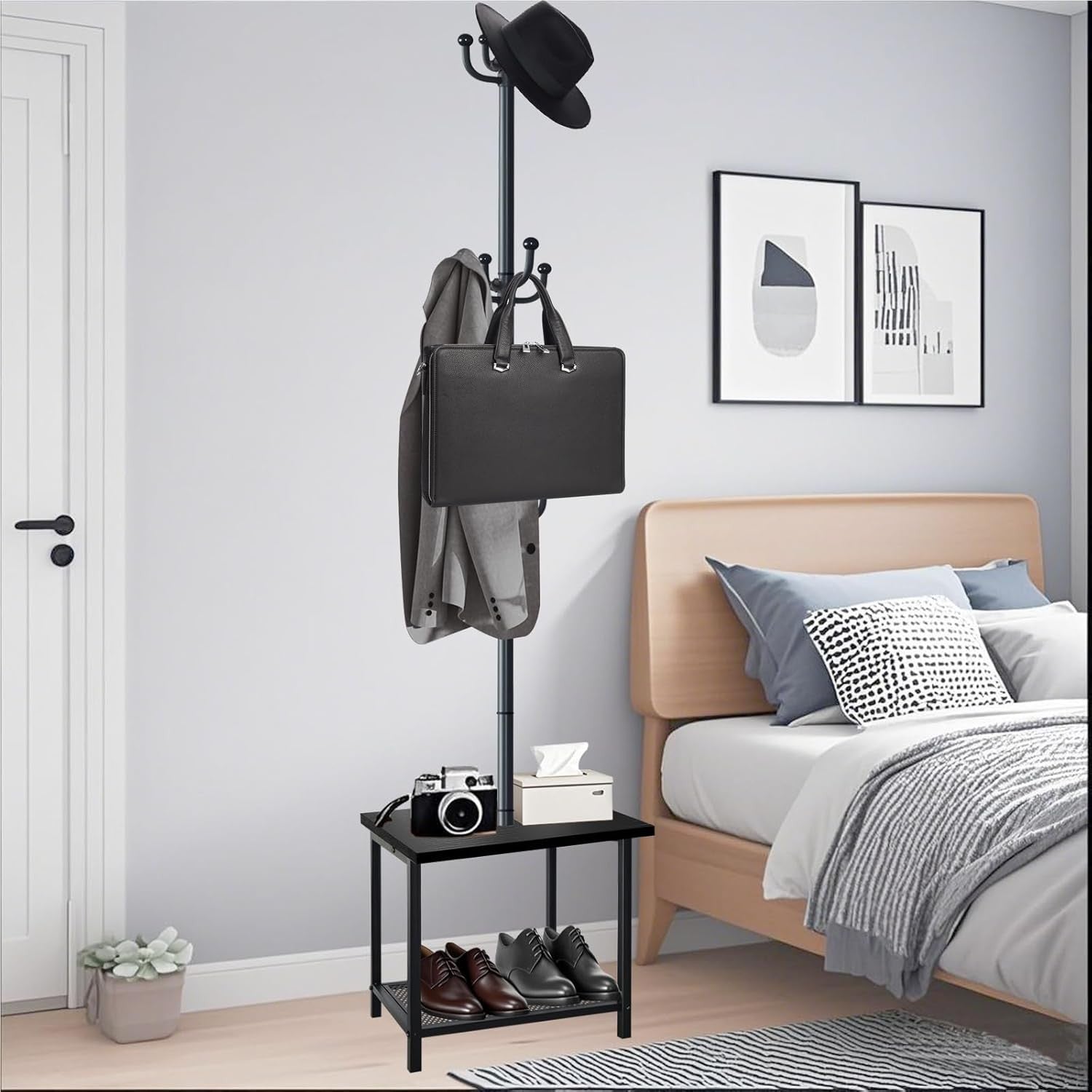 Rustic Black Hall Tree Coat Rack with Bench & Shoe Storage | 12 Hooks Stand