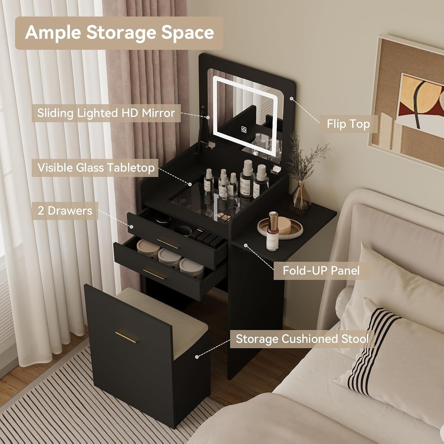 Black Foldable Vanity Desk w/ Lighted Mirror & Stool Small Space 2 Drawers