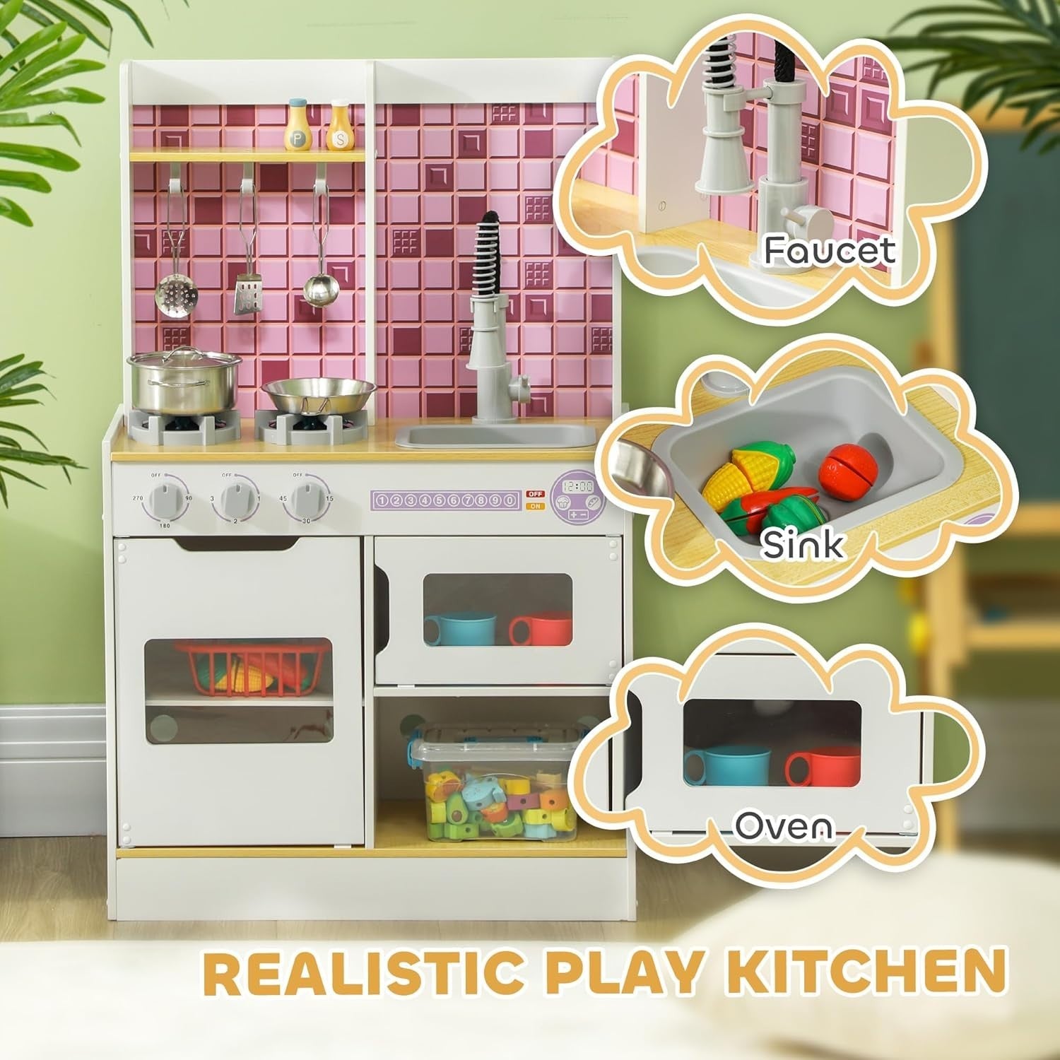 Kids Wooden Play Kitchen w/ Lights Sounds Oven Sink White Toy