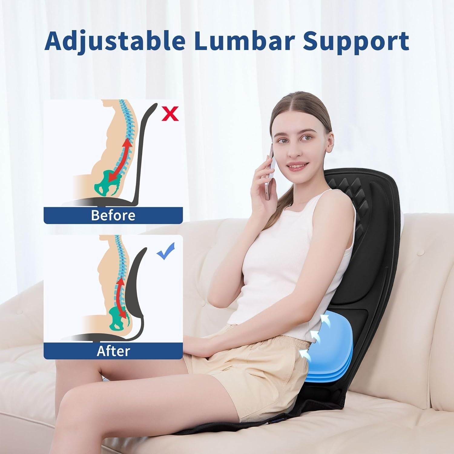 Back Massage Chair Pad with Heat 10-Motor Vibration Cushion 3D Lumbar Support