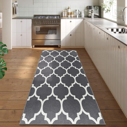 Grey Runner Rug 80x300cm Geometric Trellis Non-Slip Soft Hallway Carpet Modern