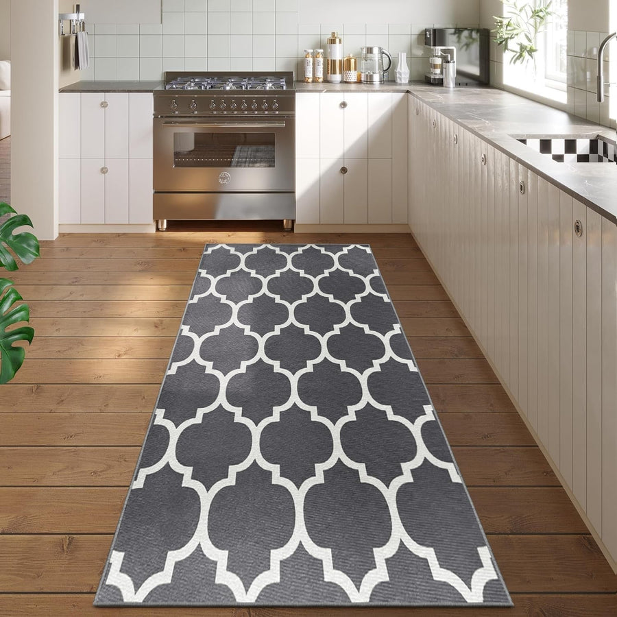 Grey Runner Rug 80x300cm Geometric Trellis Non-Slip Soft Hallway Carpet Modern
