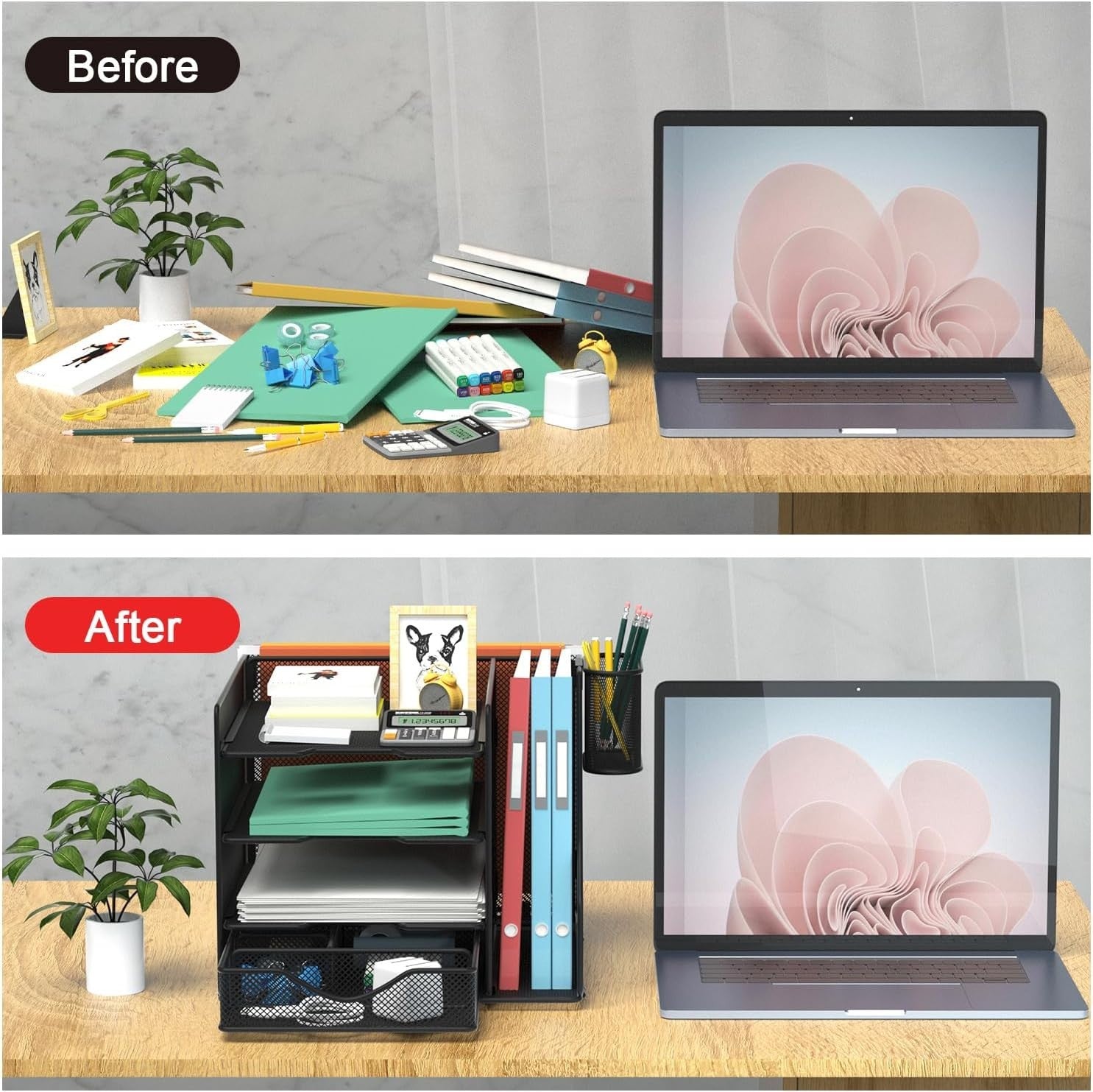 Black Mesh Desk Organiser – 4-Tier Paper Tray, Drawer & Pen Holder