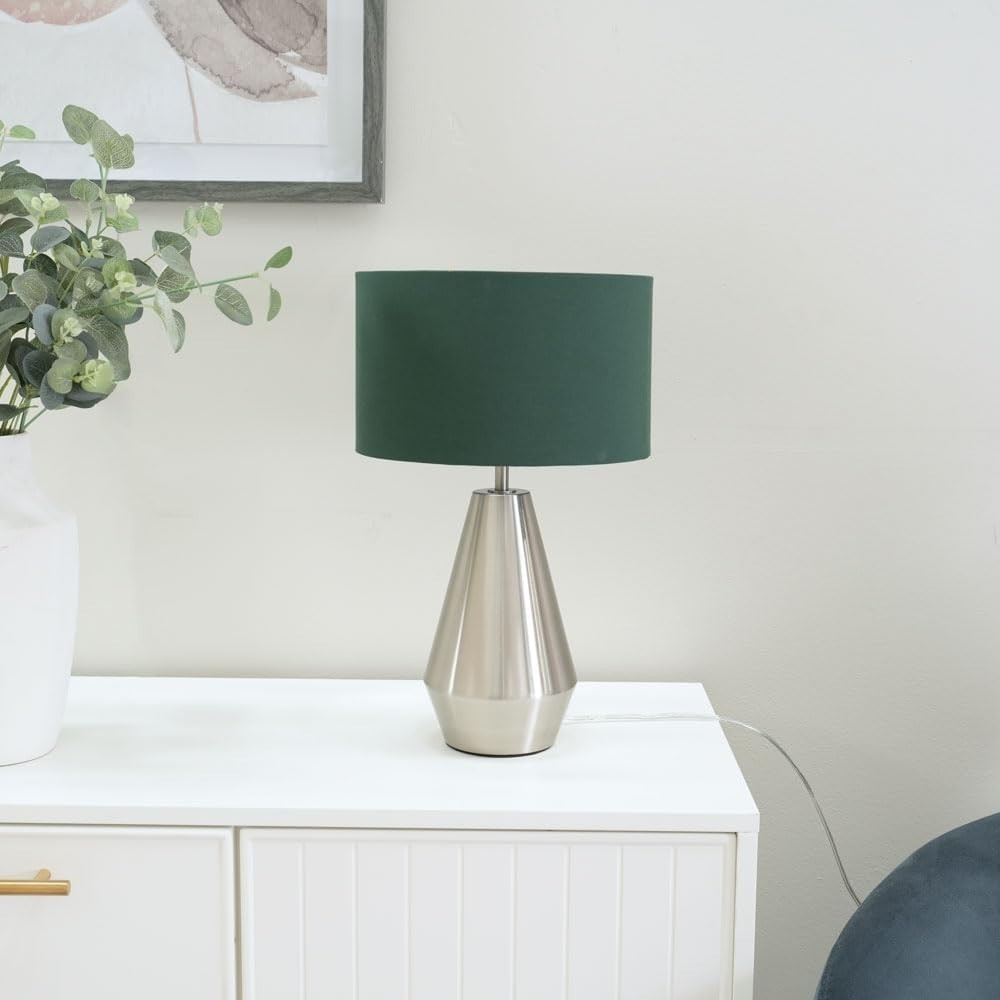 Silver Touch Dimmer Table Lamp Green Drum Shade Bedside LED Light