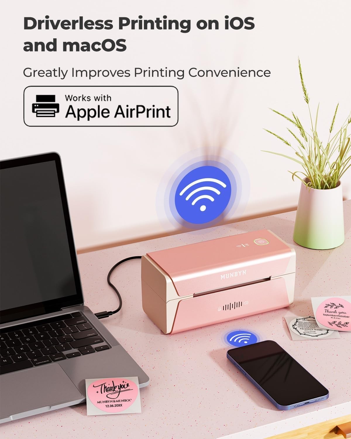 300DPI Pink WiFi Thermal Label Printer AirPrint Fast Shipping Labels