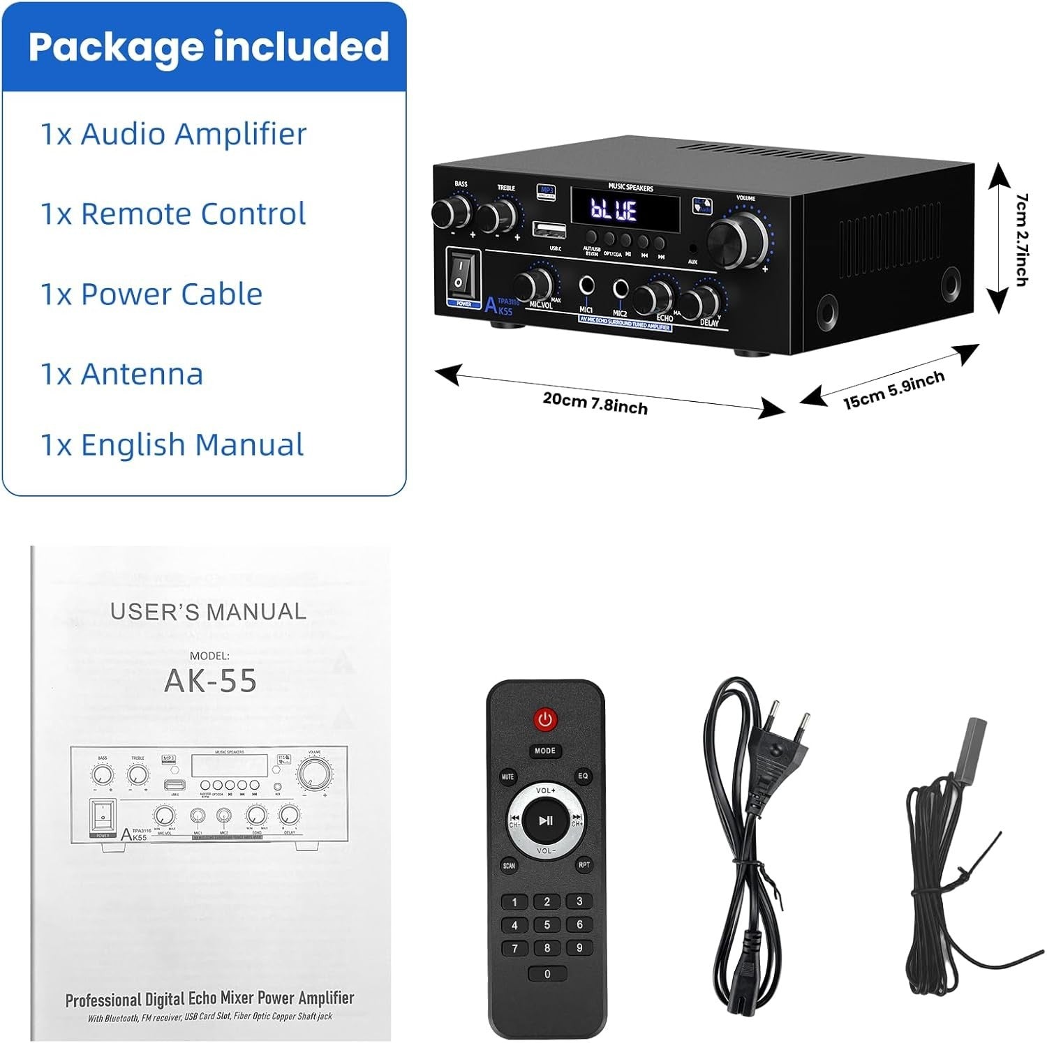 1000W Bluetooth 5.3 Stereo Amplifier 2 Channel HiFi USB FM MIC
