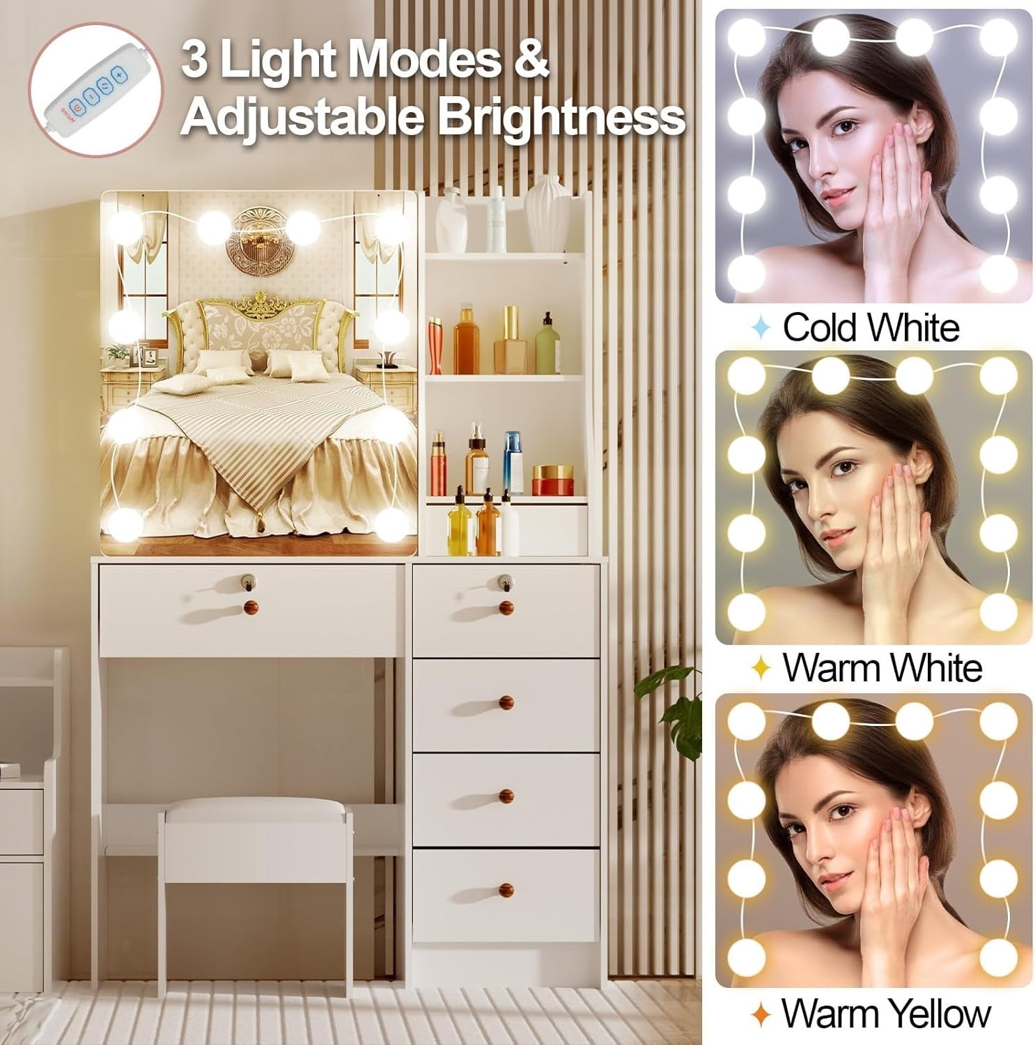 White Modern Vanity Table Set LED Mirror 5 Drawers Dressing Desk Wood