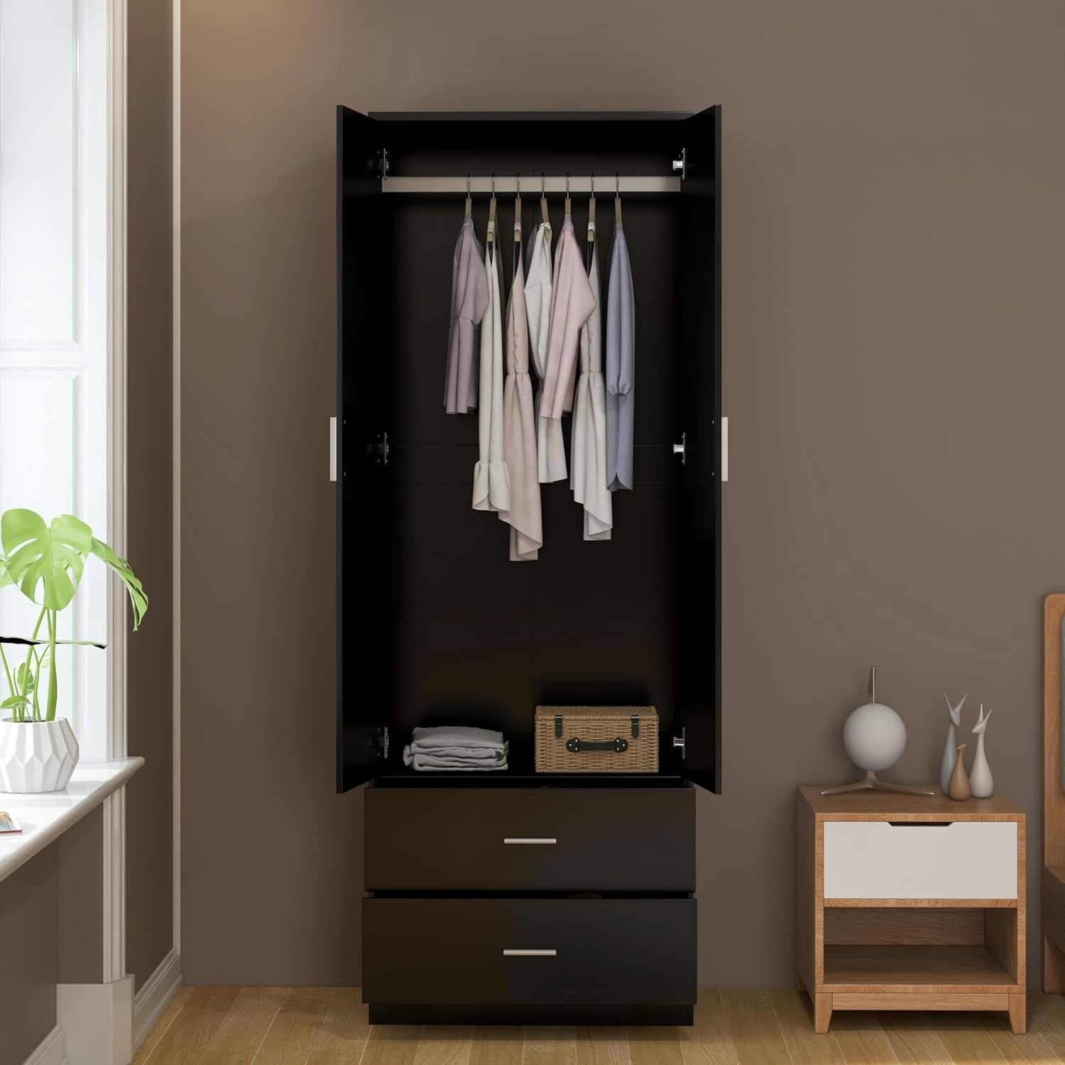Black Mirrored 2 Door Wardrobe with Hanging Rail & Drawers - Modern Storage