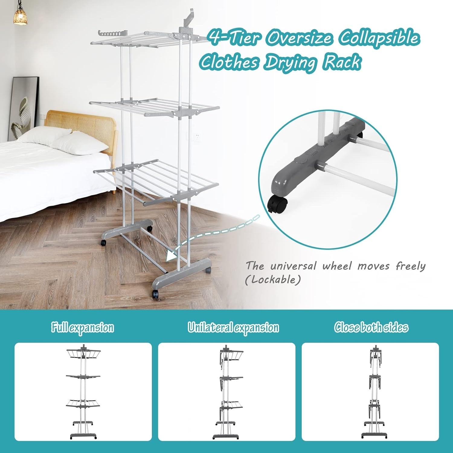 4 Tier Clothes Airer Folding Laundry Drying Rack with Wheels Space Saving