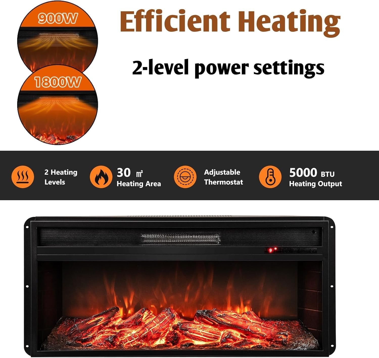 1500W-2000W Electric Fireplace Insert with Remote, 9 Flame Colors & Timer