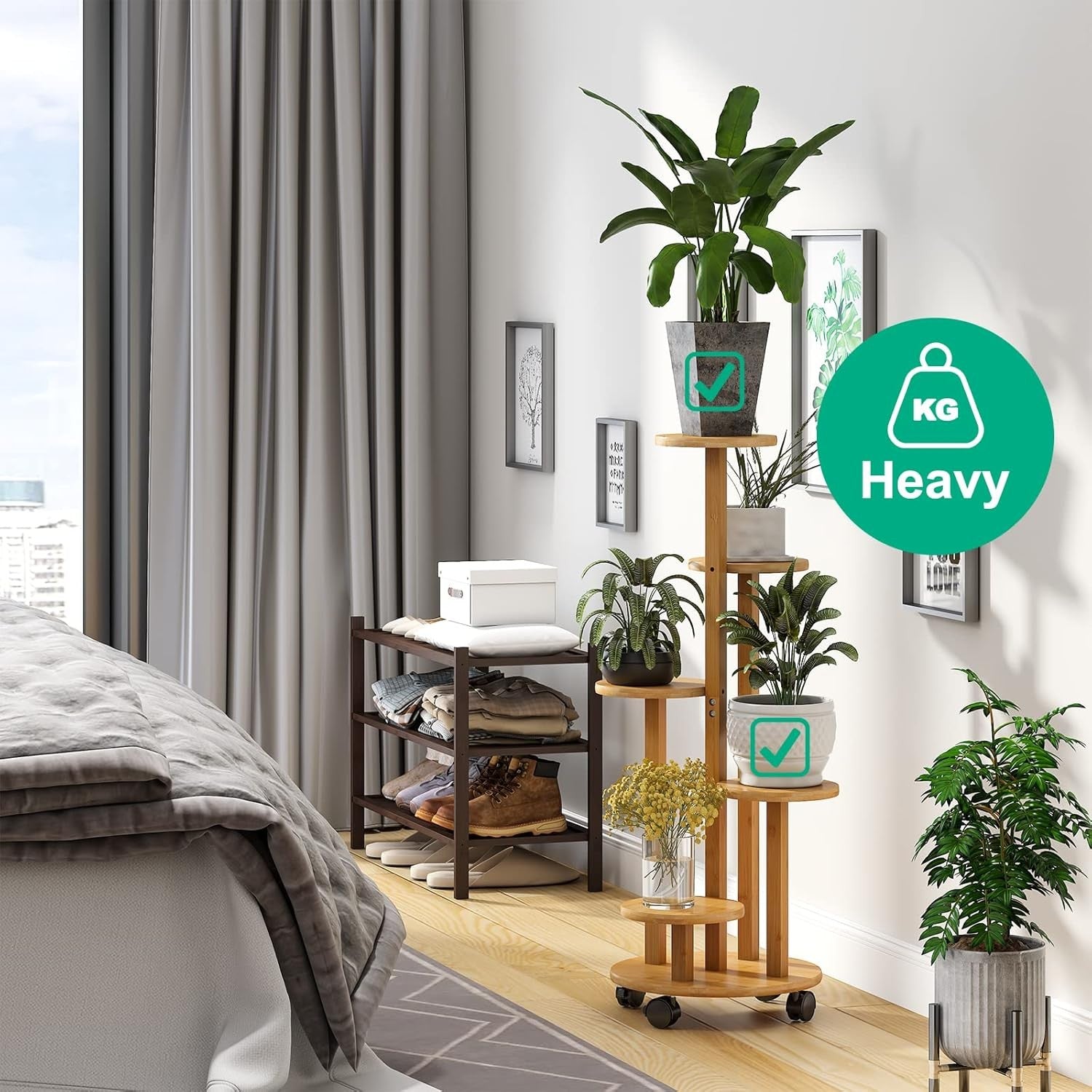 5 Tier Natural Bamboo Plant Stand with Wheels Indoor Outdoor Corner Shelf