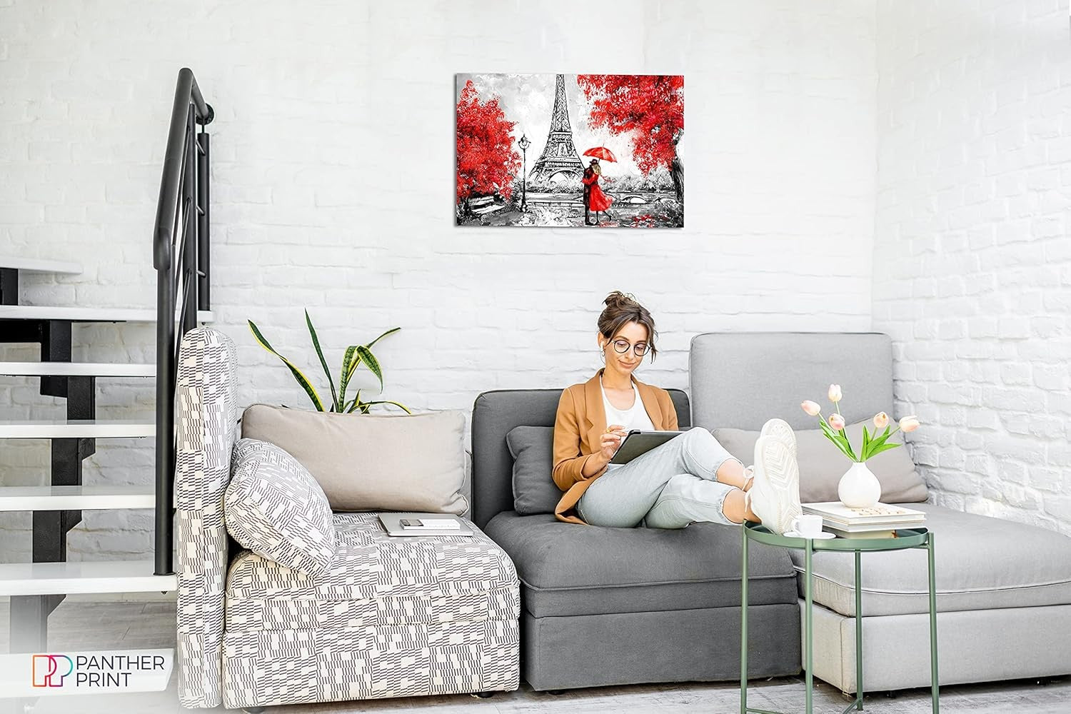 Paris Red Umbrella Canvas Wall Art 18x12 Framed Eiffel Tower