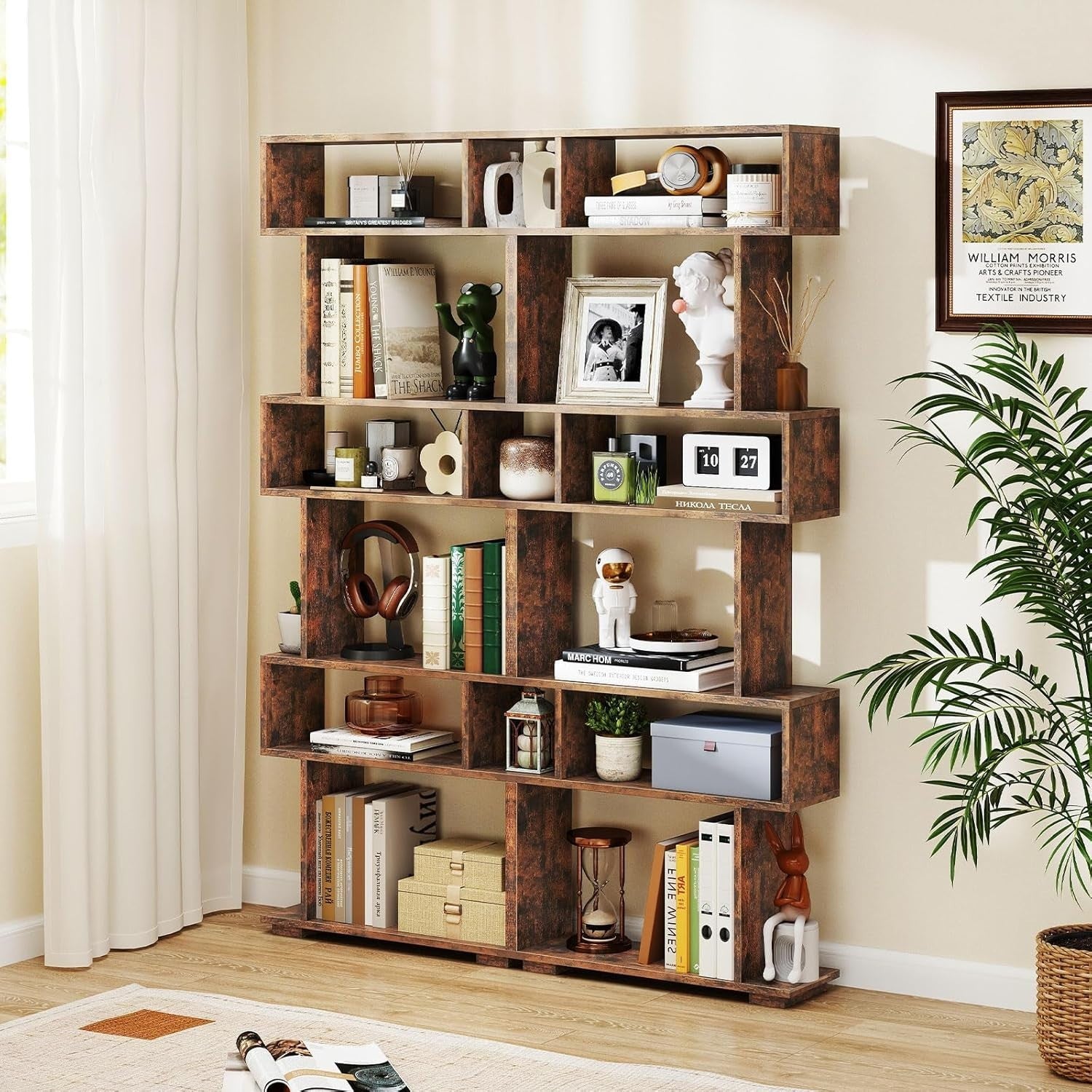 6-Tier S-Shaped Bookshelf Ladder Shelf with Anti-Tip Kits, Rustic Brown, Tall St