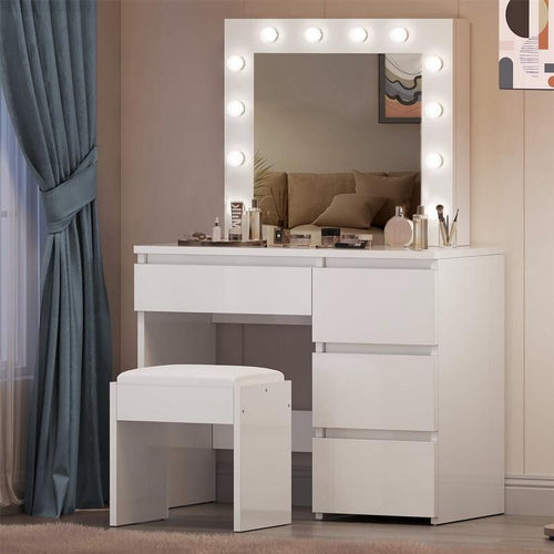 White LED Vanity Dressing Table with Mirror & Stool Makeup Desk MDF