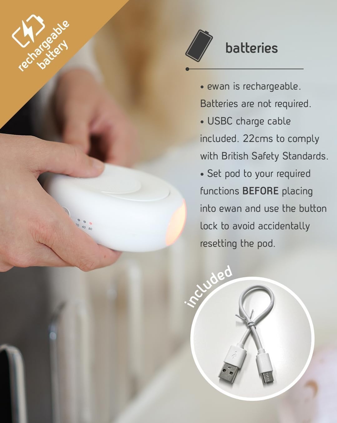 Baby Sleep Aid Plush White Pink Noise Cry Sensor Night Light USB
