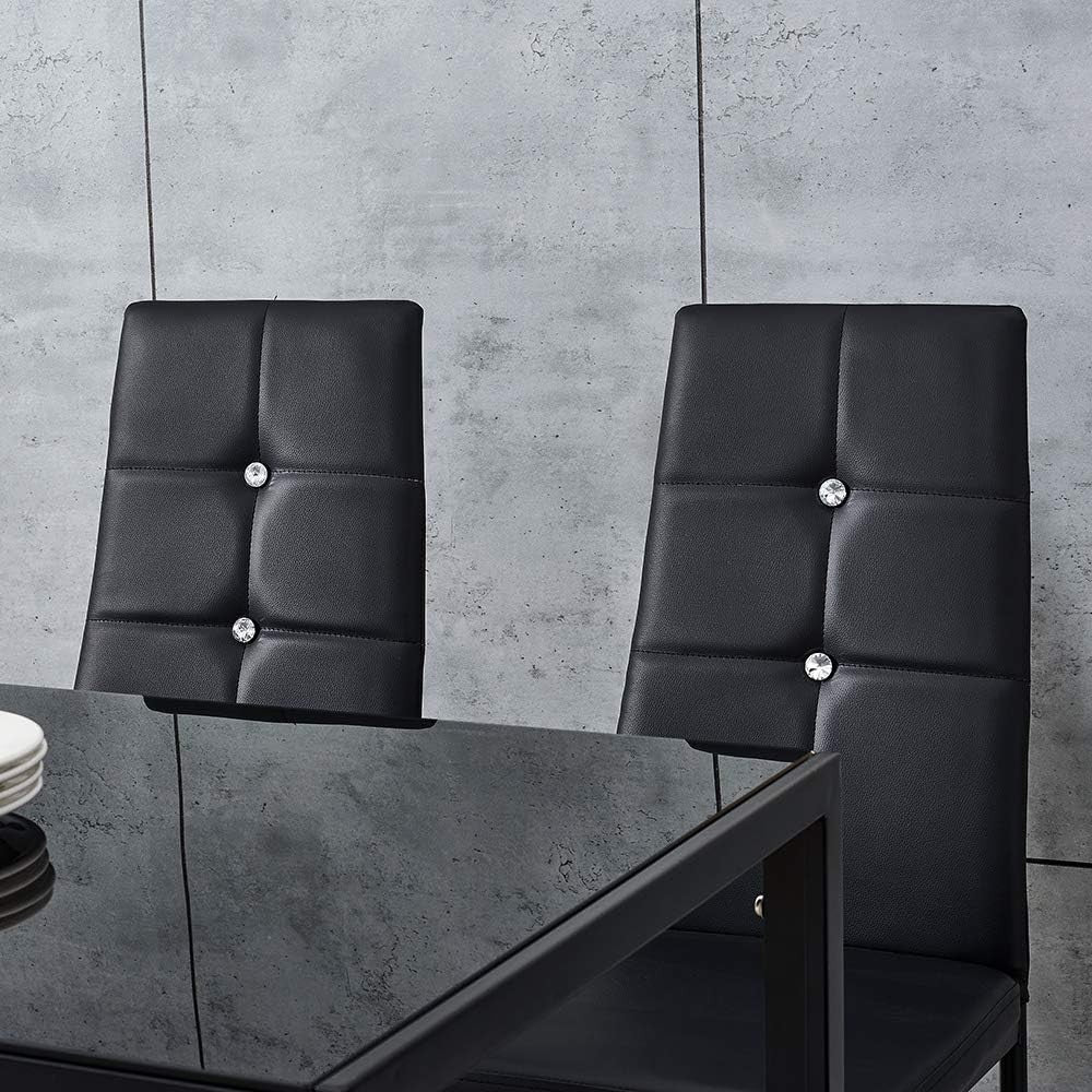 Black 4-Seater Glass Dining Table Set with PU Leather Chairs Compact