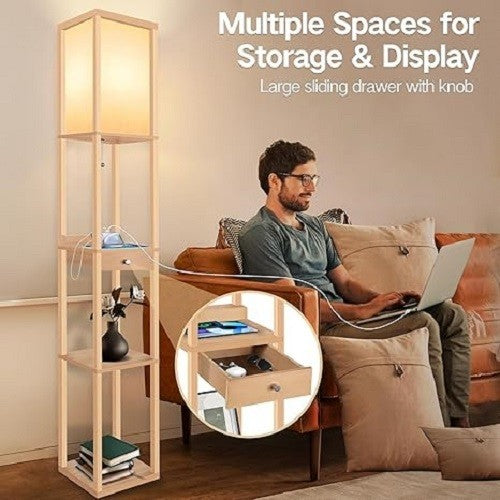 Floor Lamp with Drawer Shelves USB Dimmable LED Wooden Standing Light