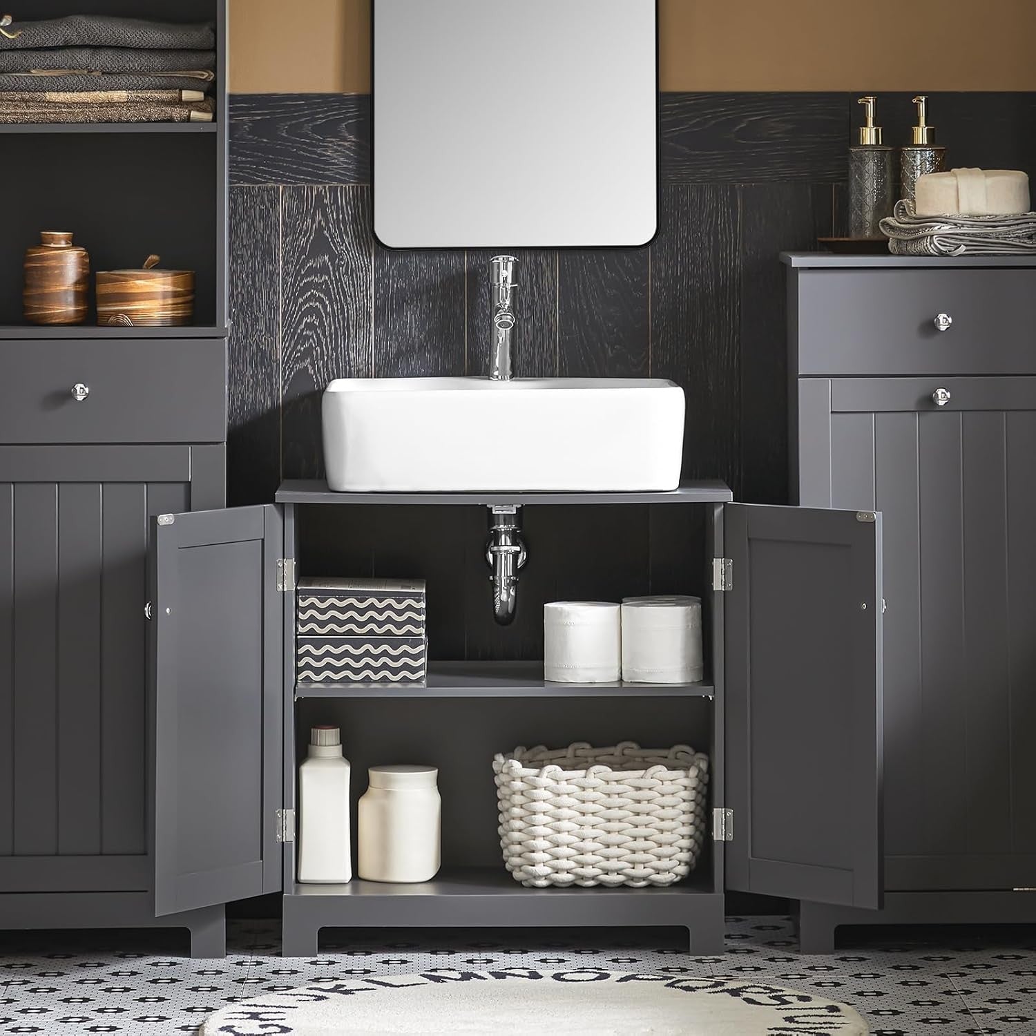 Dark Grey Bathroom Vanity Unit Under Sink Storage Cabinet Cupboard with Shelf