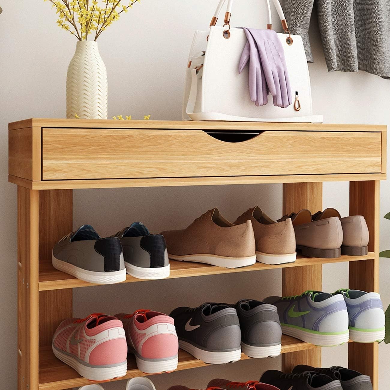 5-Tier Teak Wood Shoe Rack Cabinet, Space-Saving Storage Shelf 75x30x94cm