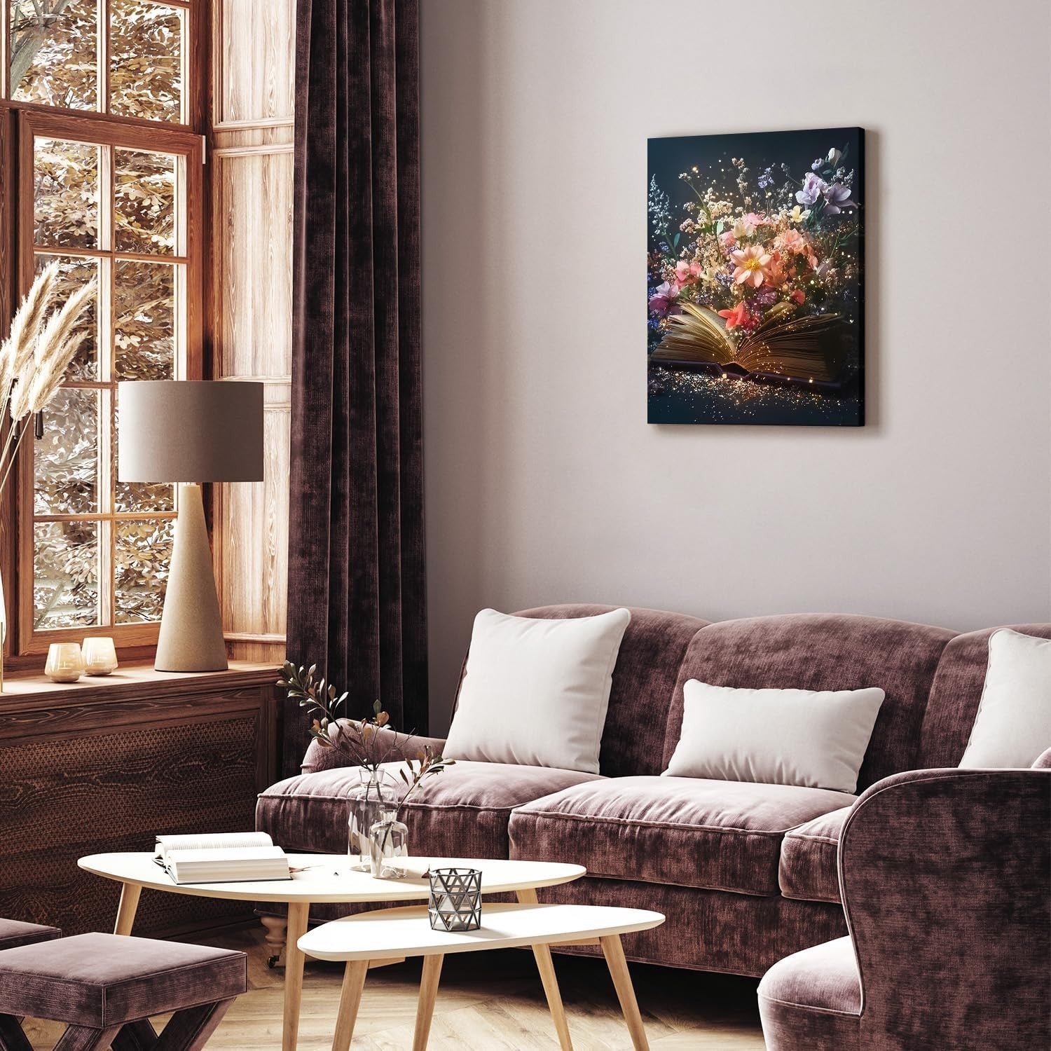 Framed Floral Book Canvas Wall Art 12x16 Fantasy Library Living Room Decor