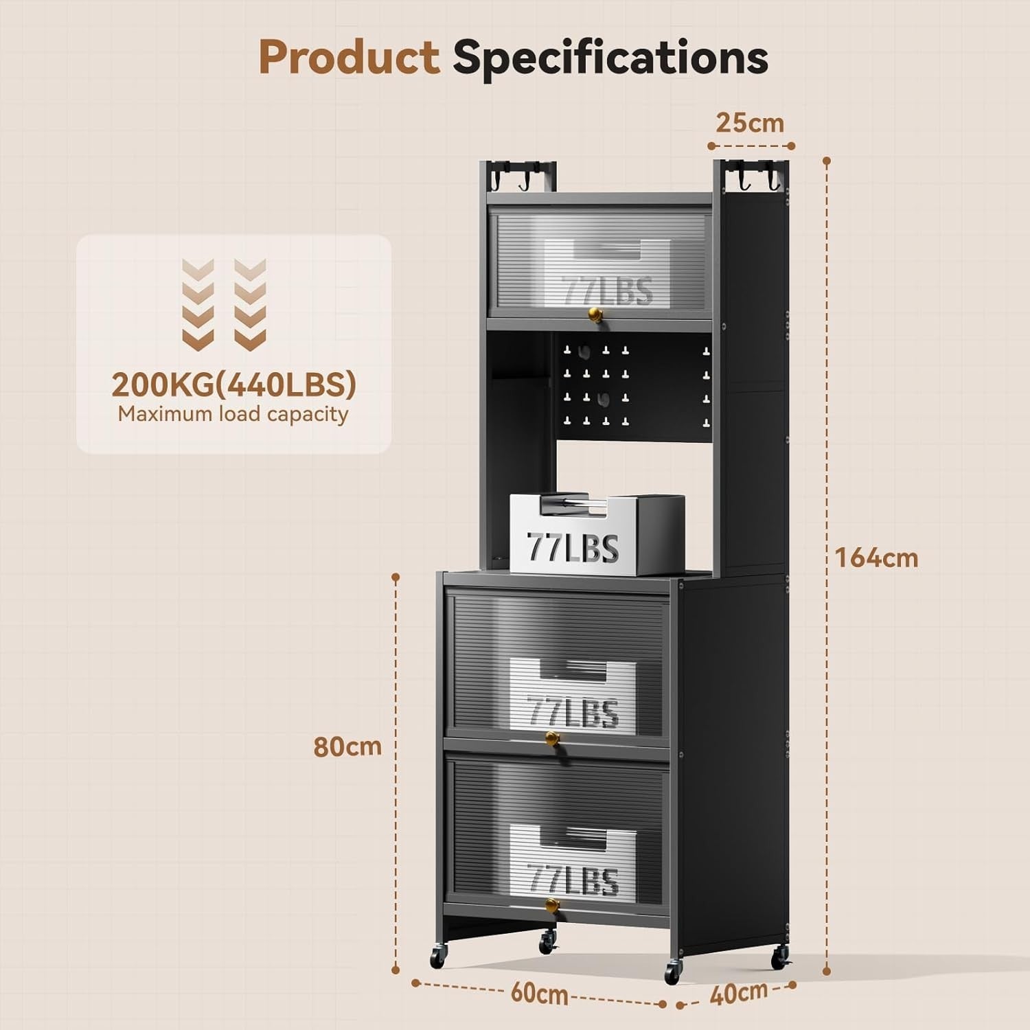 5-Tier Kitchen Storage Cabinet with Flip Door & Wheels Grey | 60x40x162cm