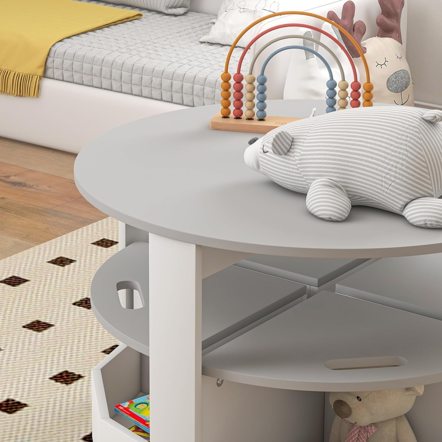 Kids Table and 4 Chairs with Storage Set Grey Round Playroom Activity Desk