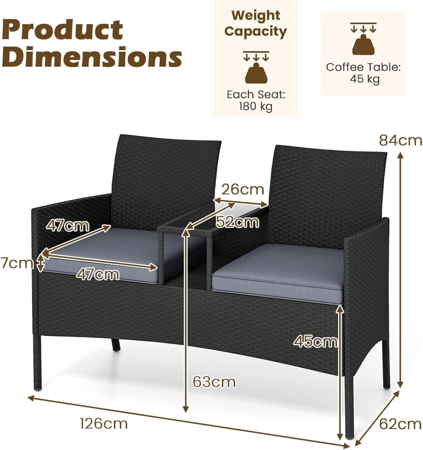 Outdoor Rattan 2 Seater Love Seat with Glass Table Garden Patio Sofa Grey