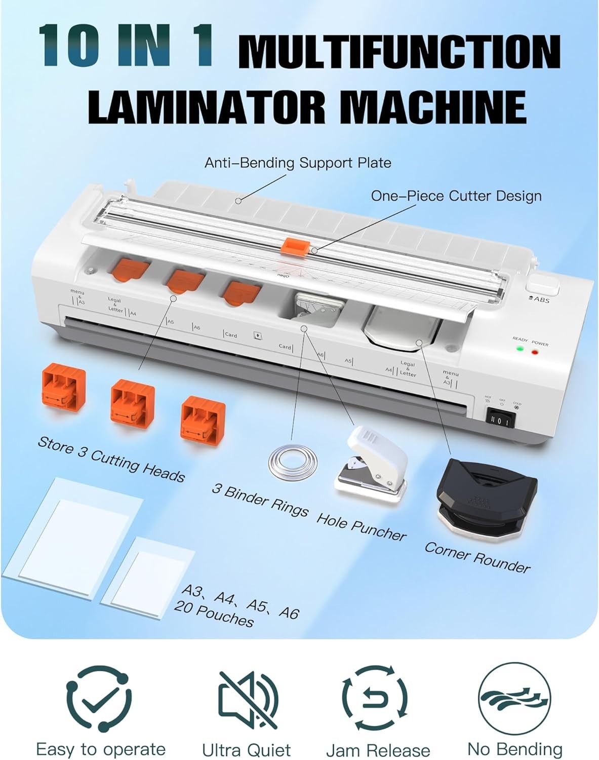 A3 Laminator 10-in-1 Hot Cold Auto Feed Anti Jam Trimmer + 20 Pouches