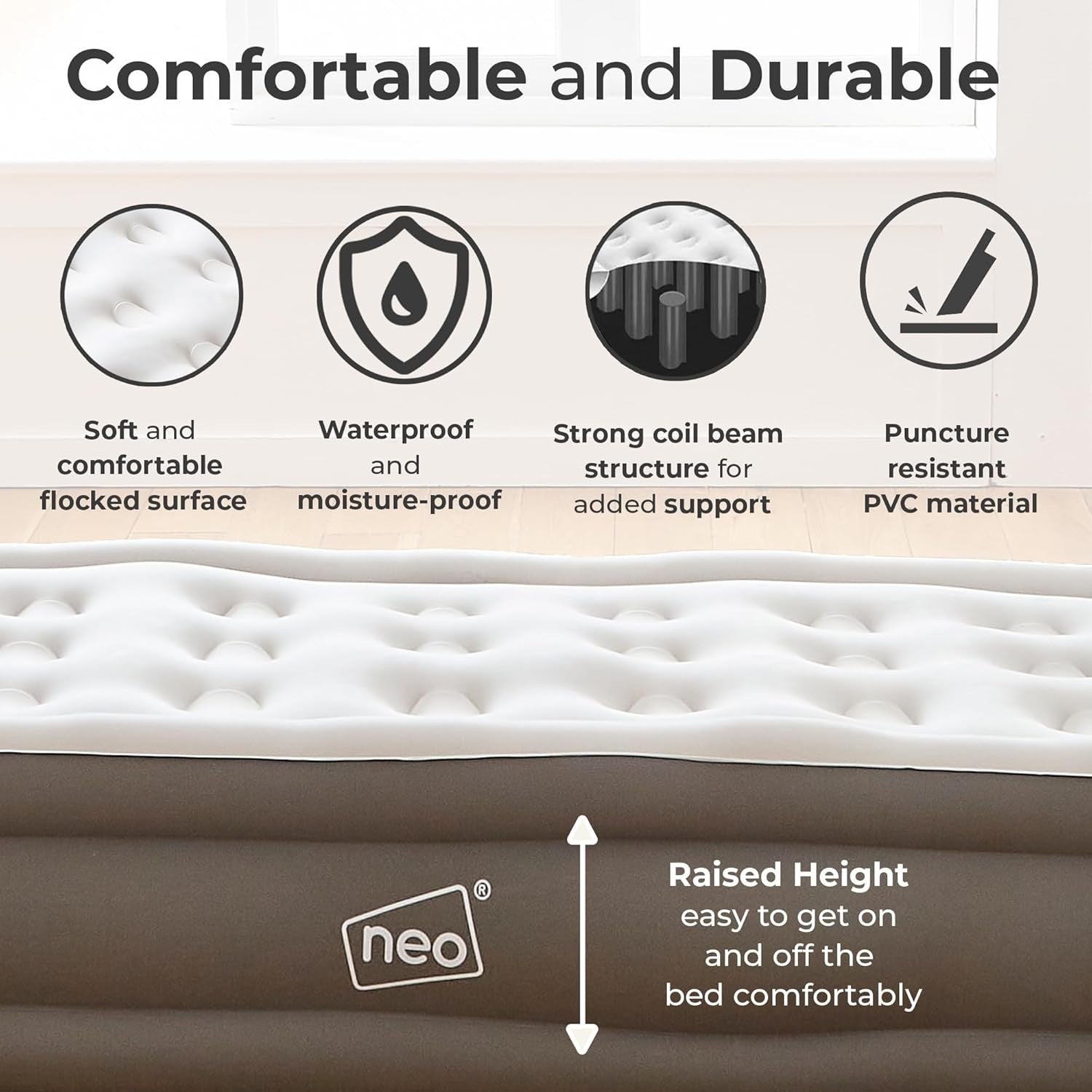 Double King Air Mattress with Built-In Electric Pump Raised Flocked Bed