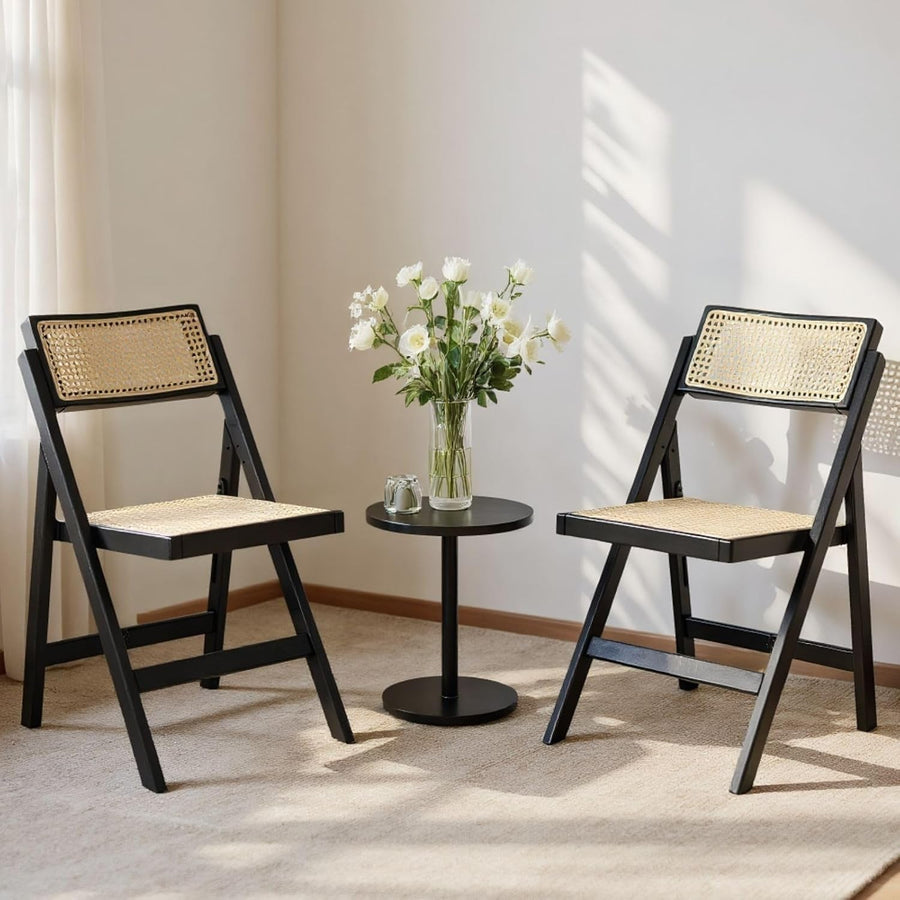 Black Folding Rattan Dining Chairs Set of 2 Wooden Frame Compact Seating