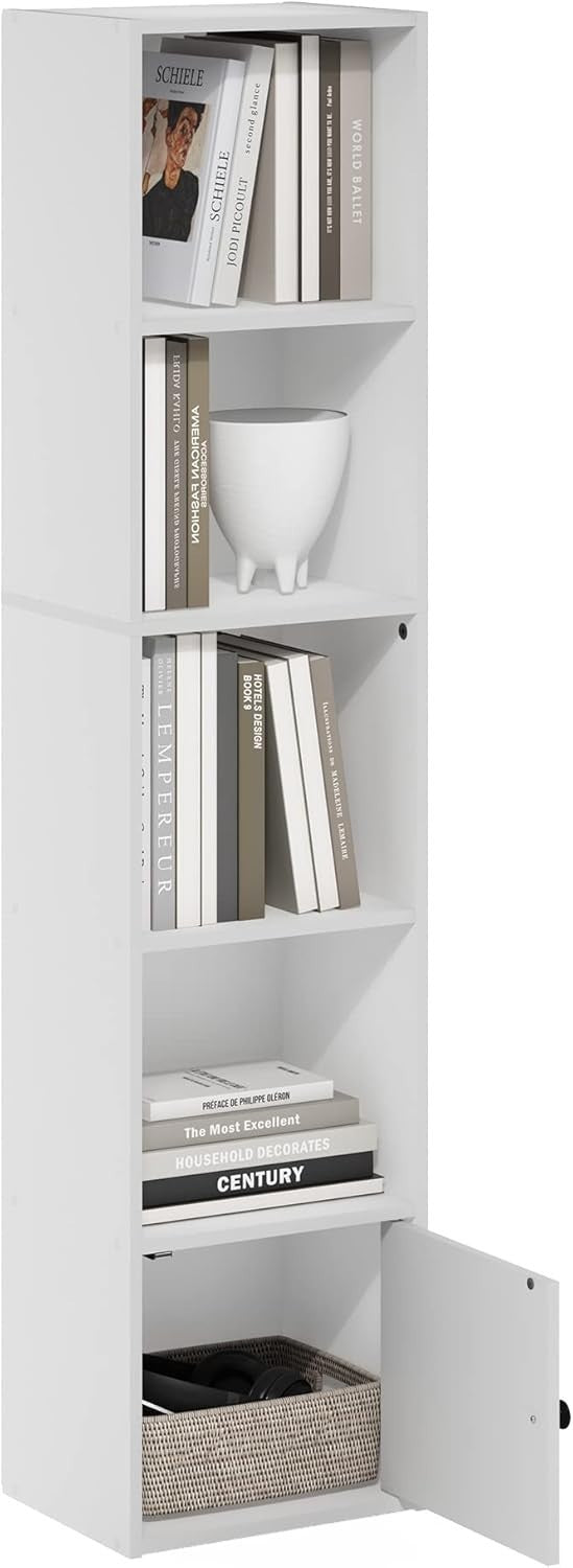 5-Tier White Bookshelf with 1 Door Storage Cabinet Modern Display Shelf