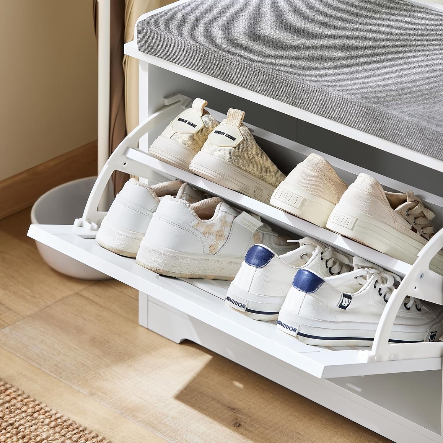 White Shoe Storage Bench with Cushion | Flip Drawer Hallway Seat Unit