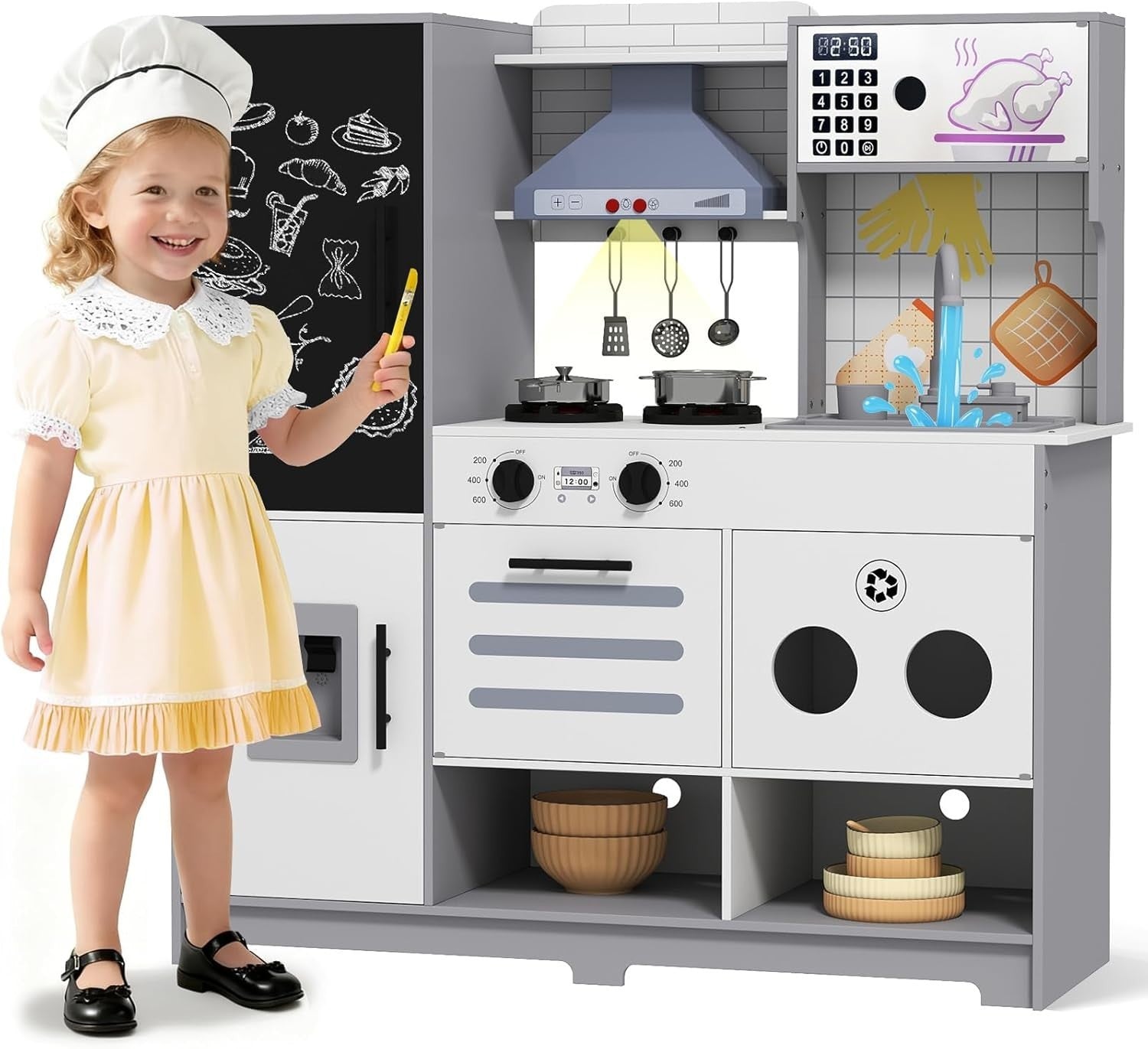 Large Wooden Kids Play Kitchen Lights Sounds Ice Maker Chalkboard